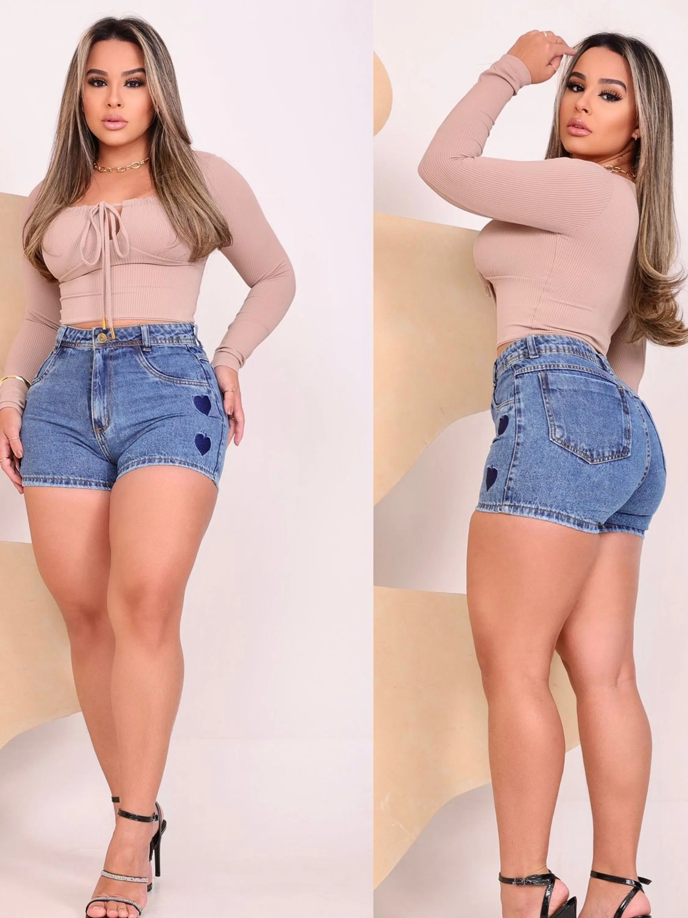 Short jeans sem elastano bordado coração