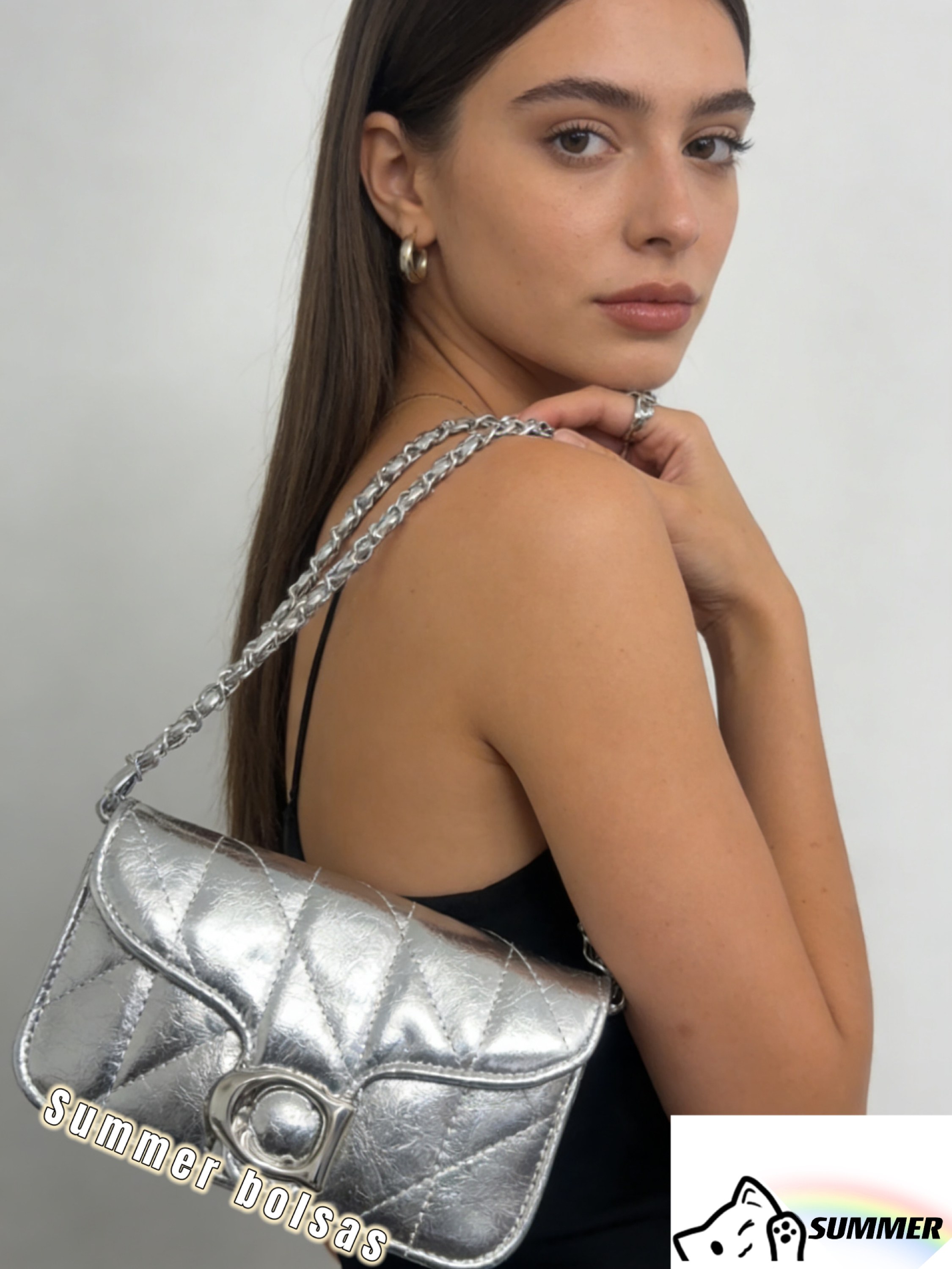 Bolsa metalizada Coach com alça de corrente AL-86002