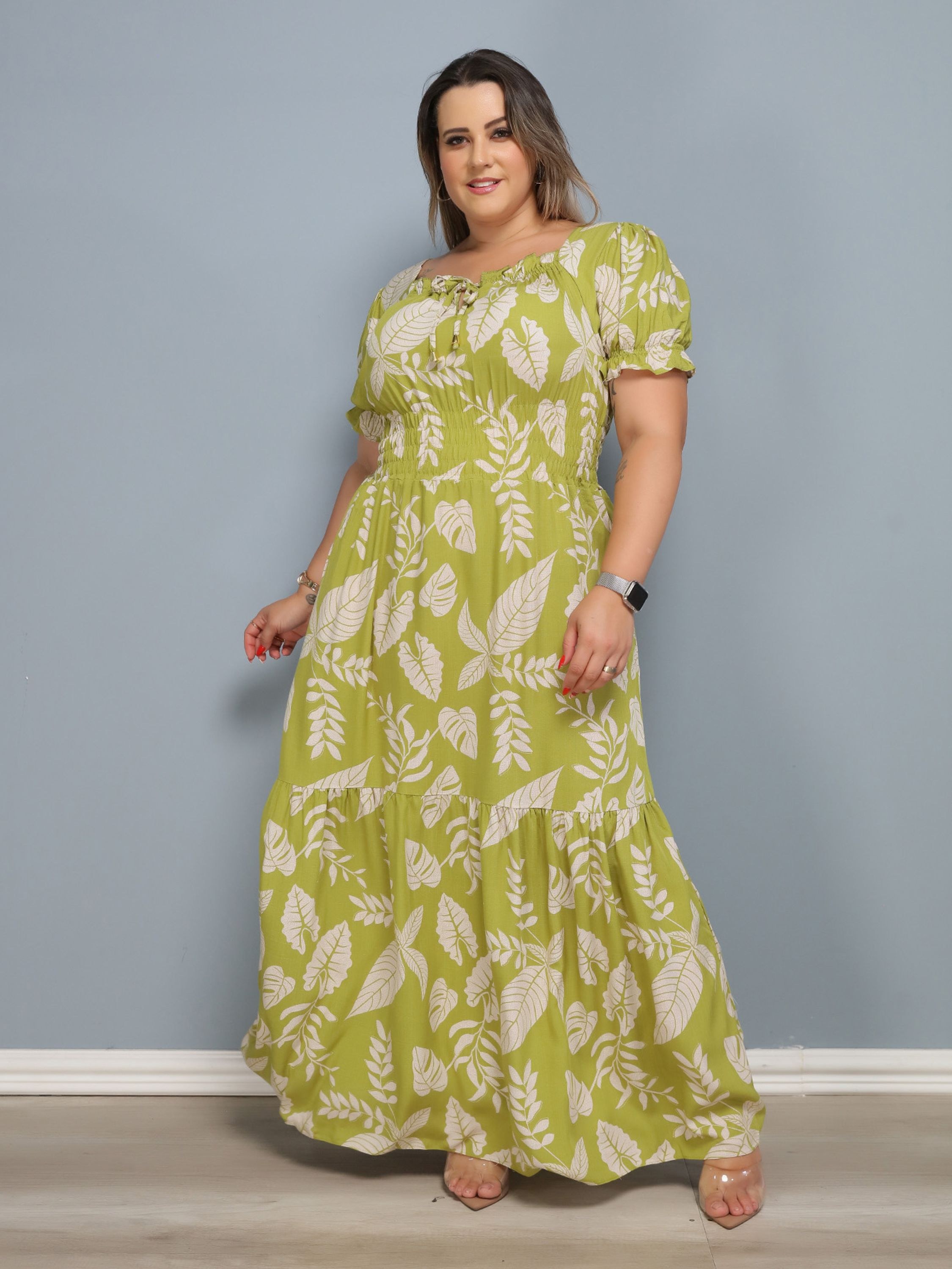 Vestido Longo Feminina Plus Size Estampado Babado Flare Elastex Com Bojo