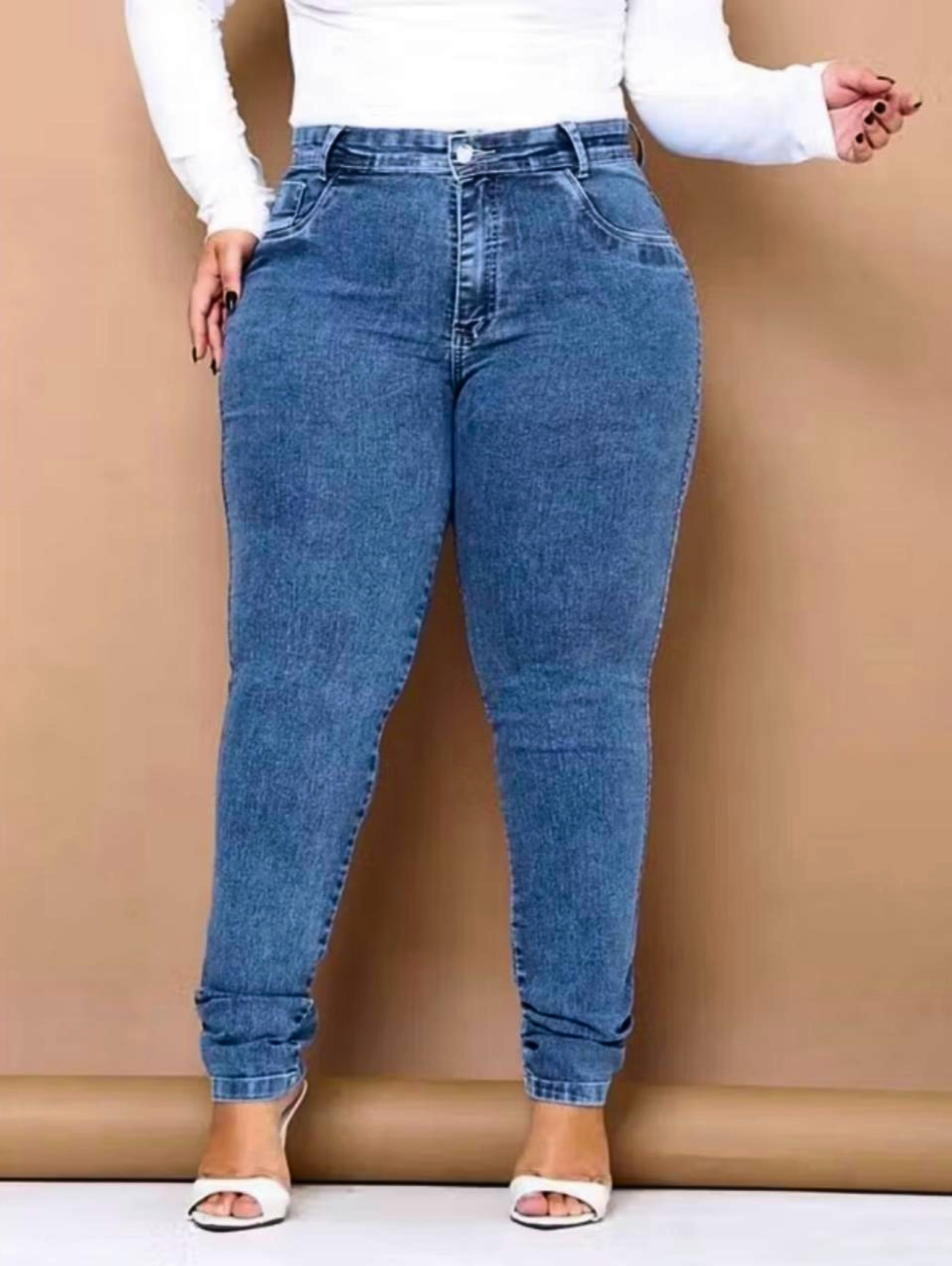 Calca jeans plus feminina com lycra marmorizado