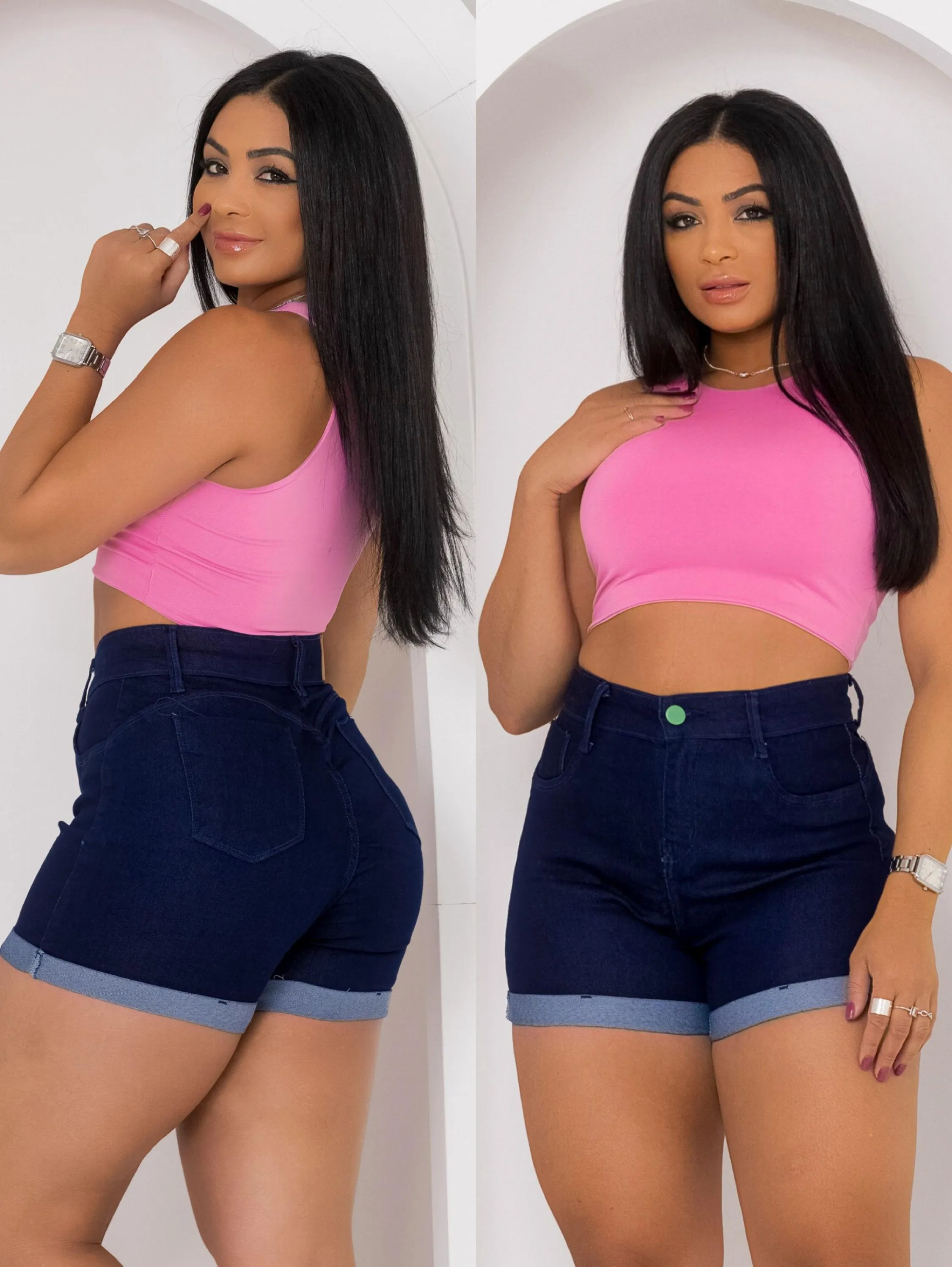 Short jeans feminino barra dobrado com lycra