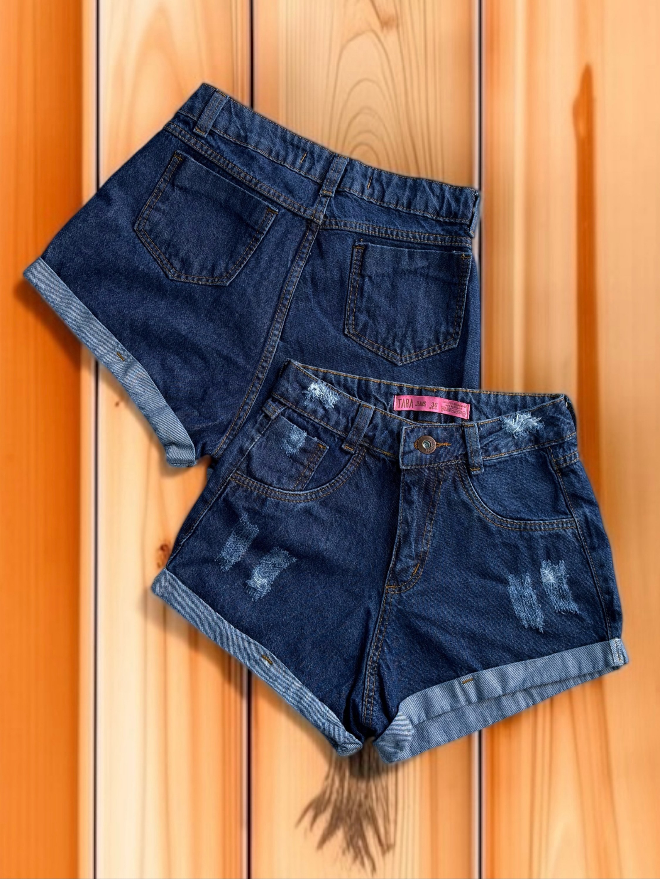 Short jeans feminino escura barra dobrado
