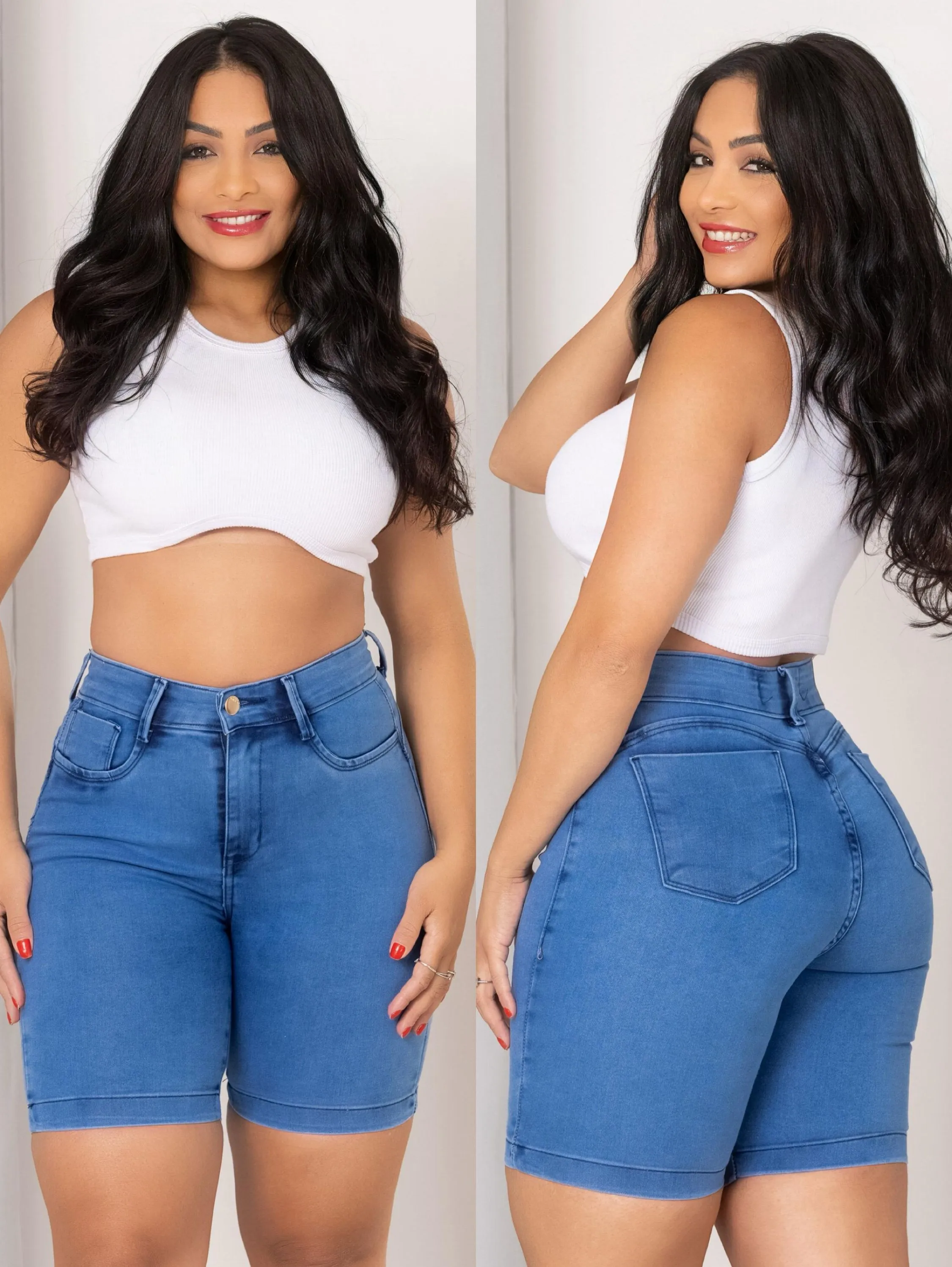 Bermuda jeans feminina clara com lycra