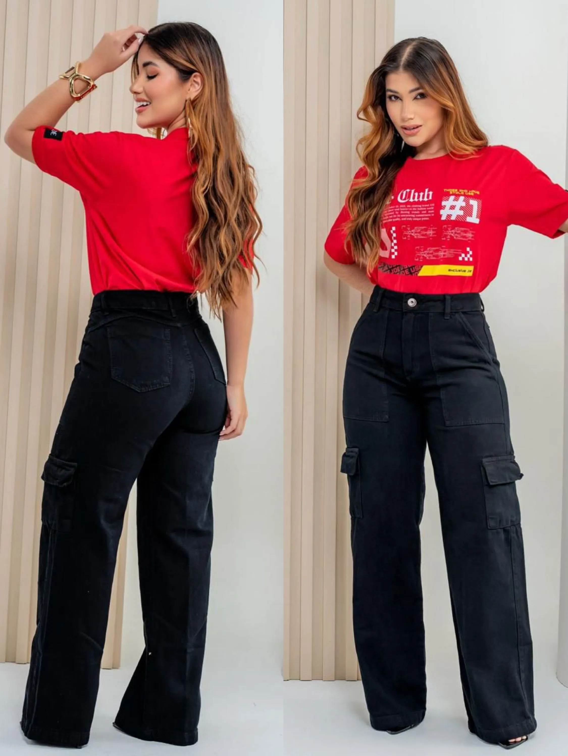 Calca cargo feminina com bolso preta lisa