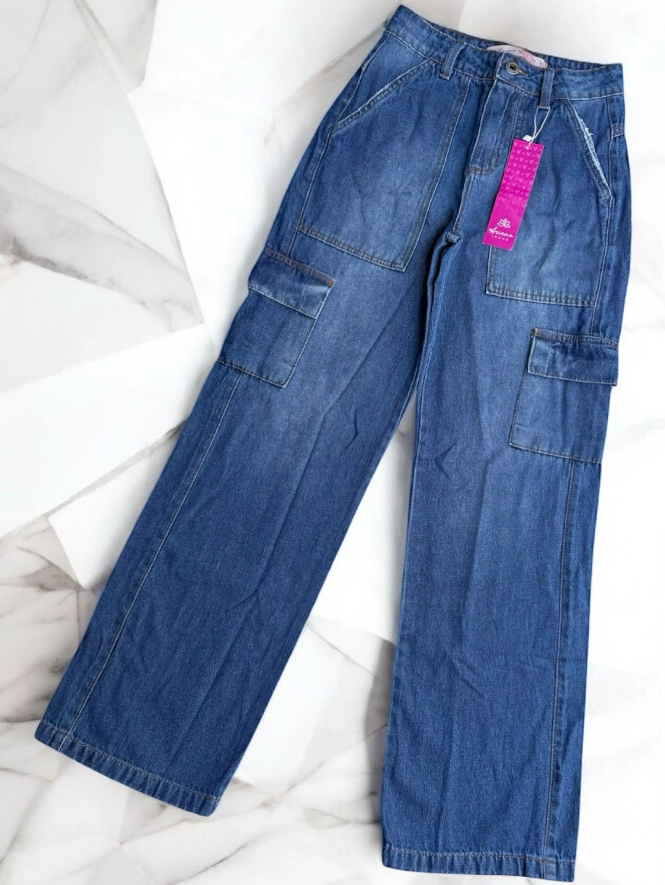 Calca jeans cargo feminino escura nova