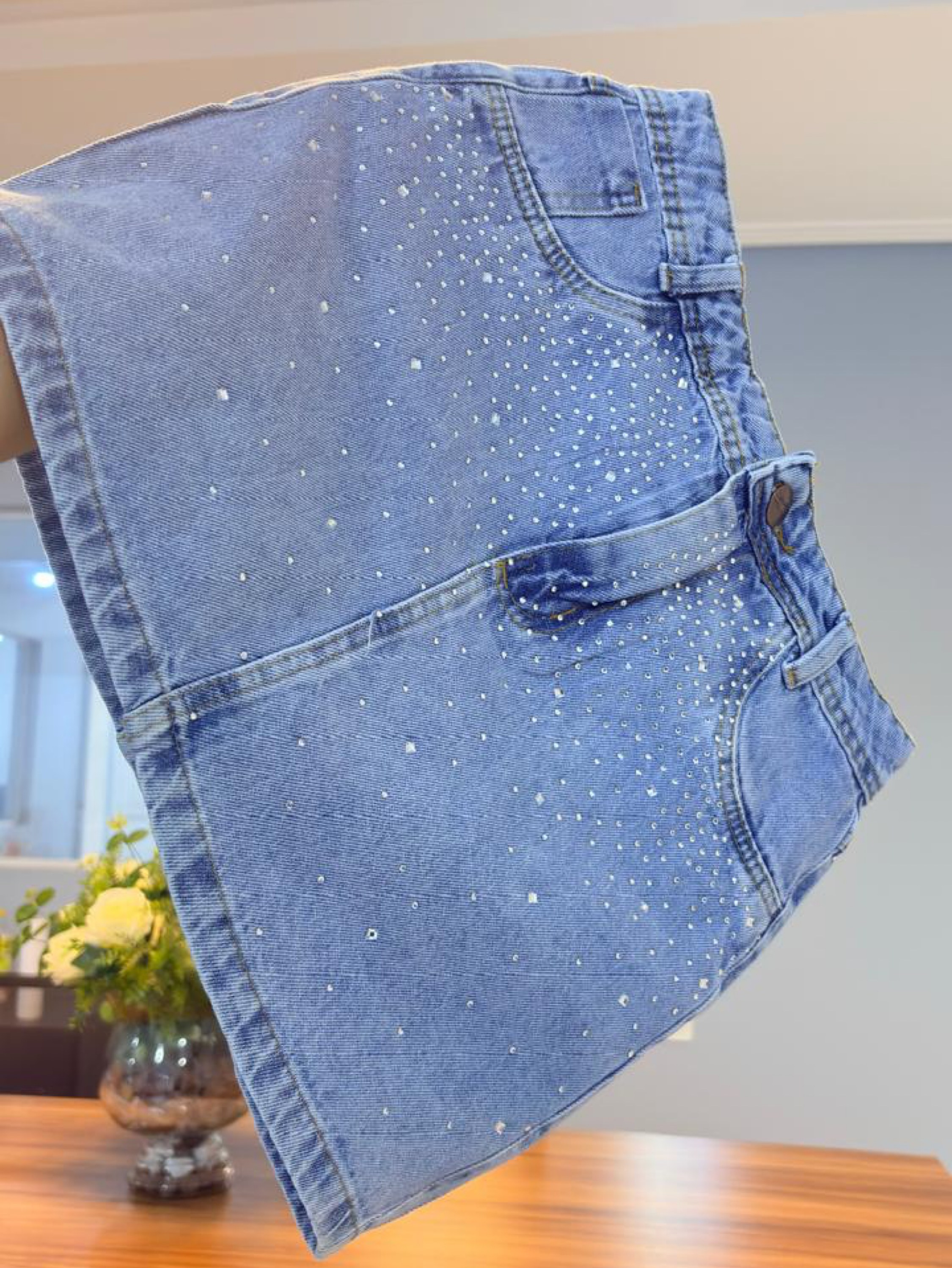 Saia jeans feminina com brilho Clara