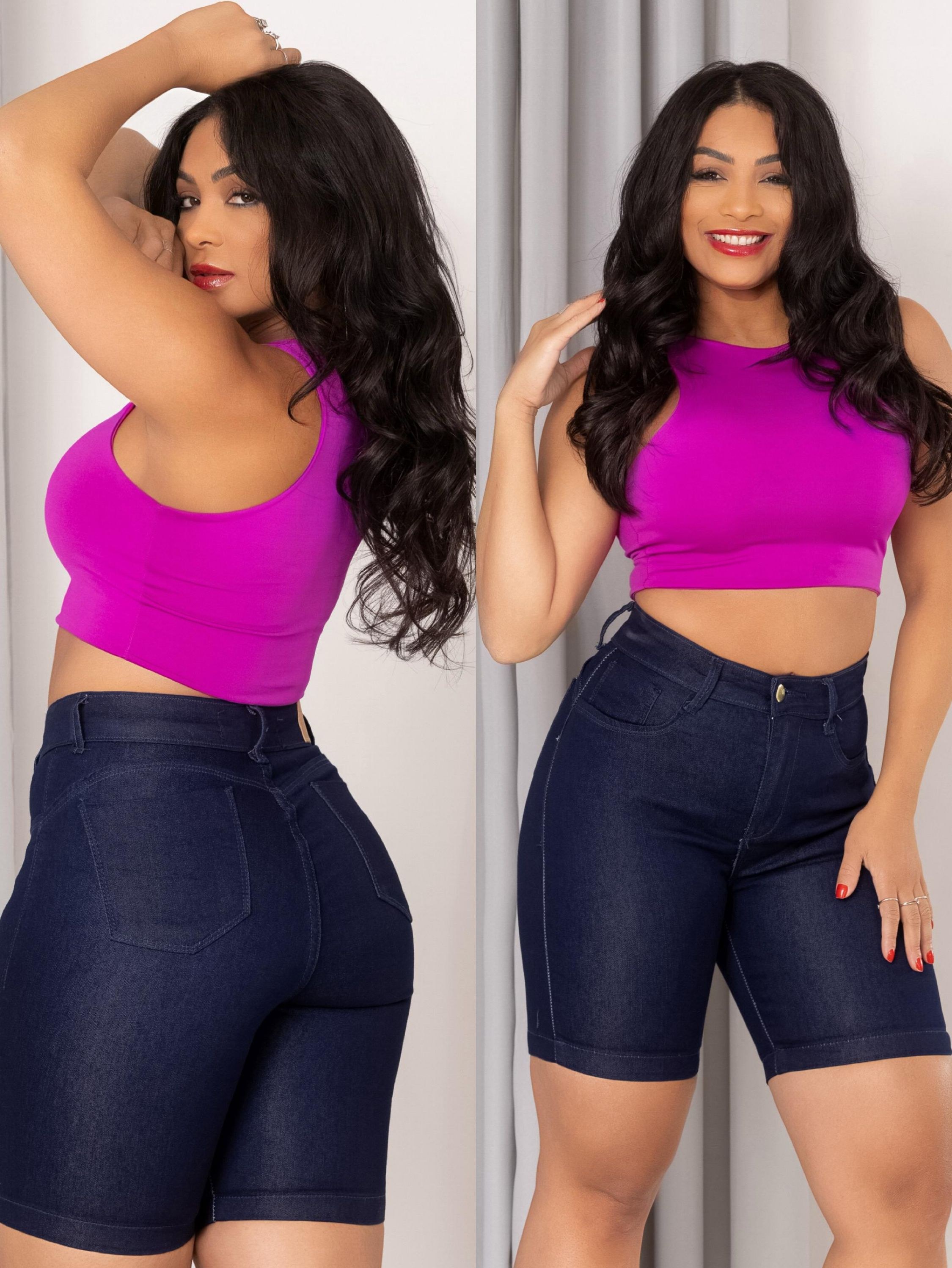 Bermuda jeans feminina azul marinho com lycra