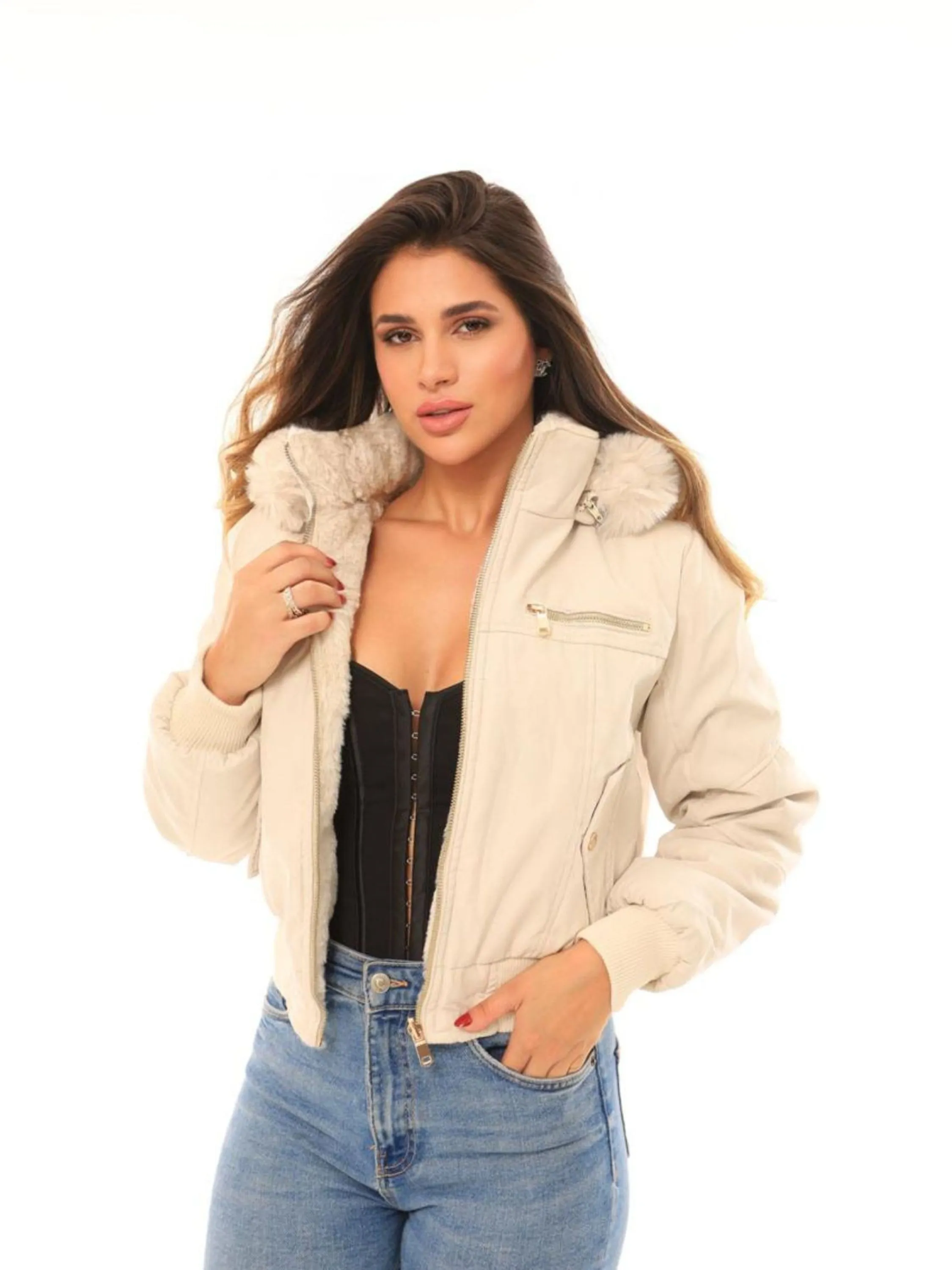 Jaqueta de Frio feminina de Sarja Dupla Face Moda de Inverno -  MR2418