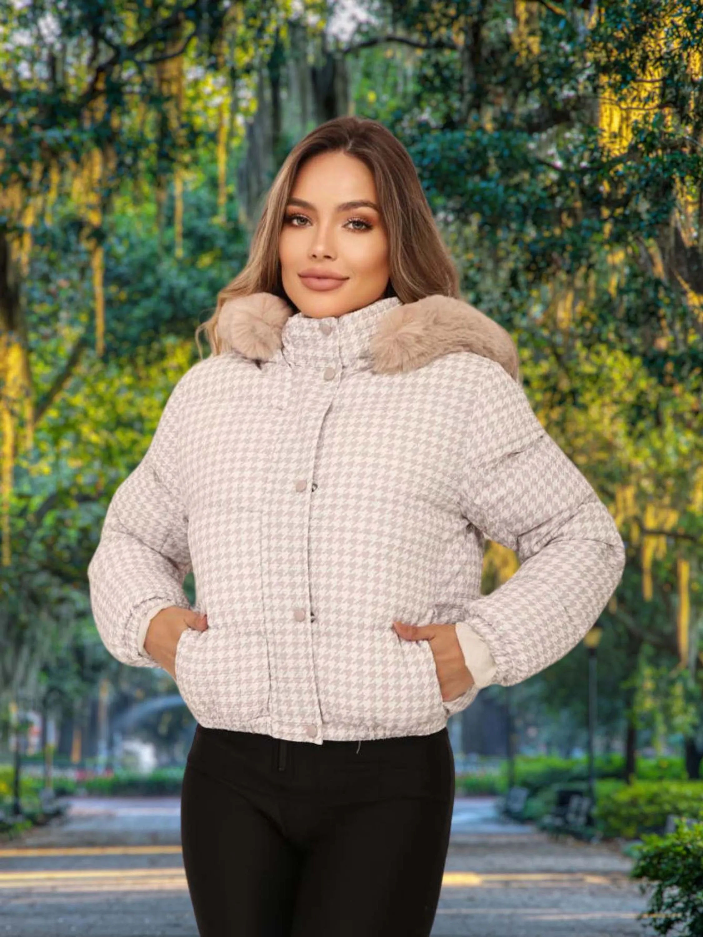 Jaqueta Puffer Blusa de Frio Feminina Xadrez com Brilho E Capuz Removível Elegante Tendência de Inverno - AL668