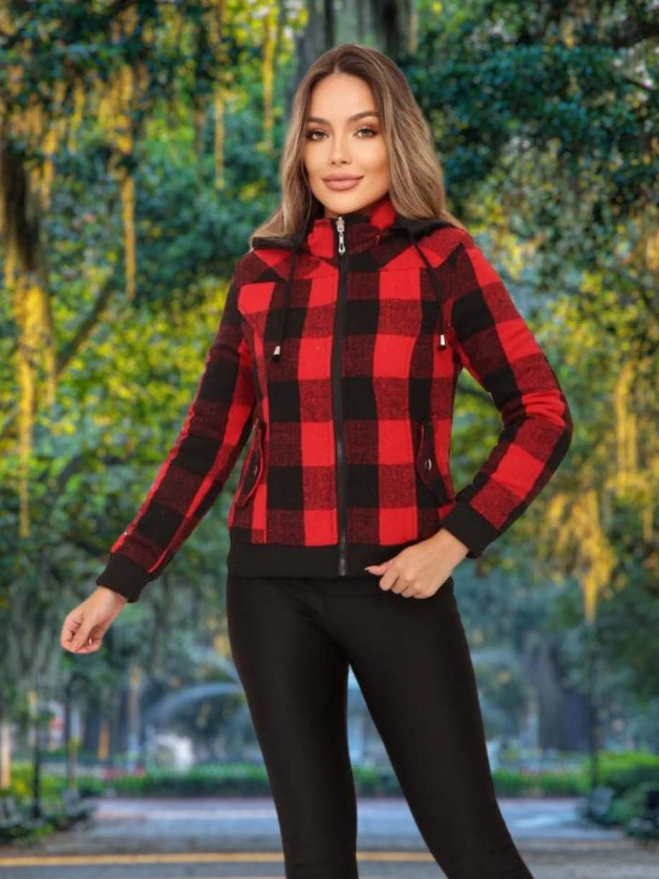 Jaqueta de Frio Elegante Feminina Casaco Xadrez Dupla Face com Capuz Moda de Inverno - AL-01