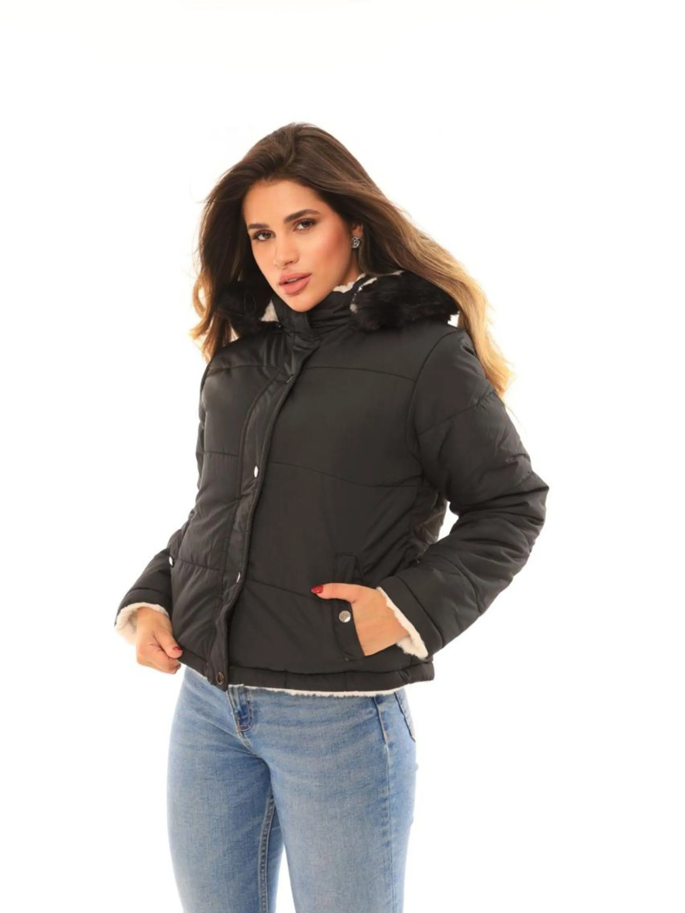 Jaqueta de Frio Feminina Dupla Face Nylon e Aveludada Com Capuz e bolsos Moda Estilosa - MR-2413