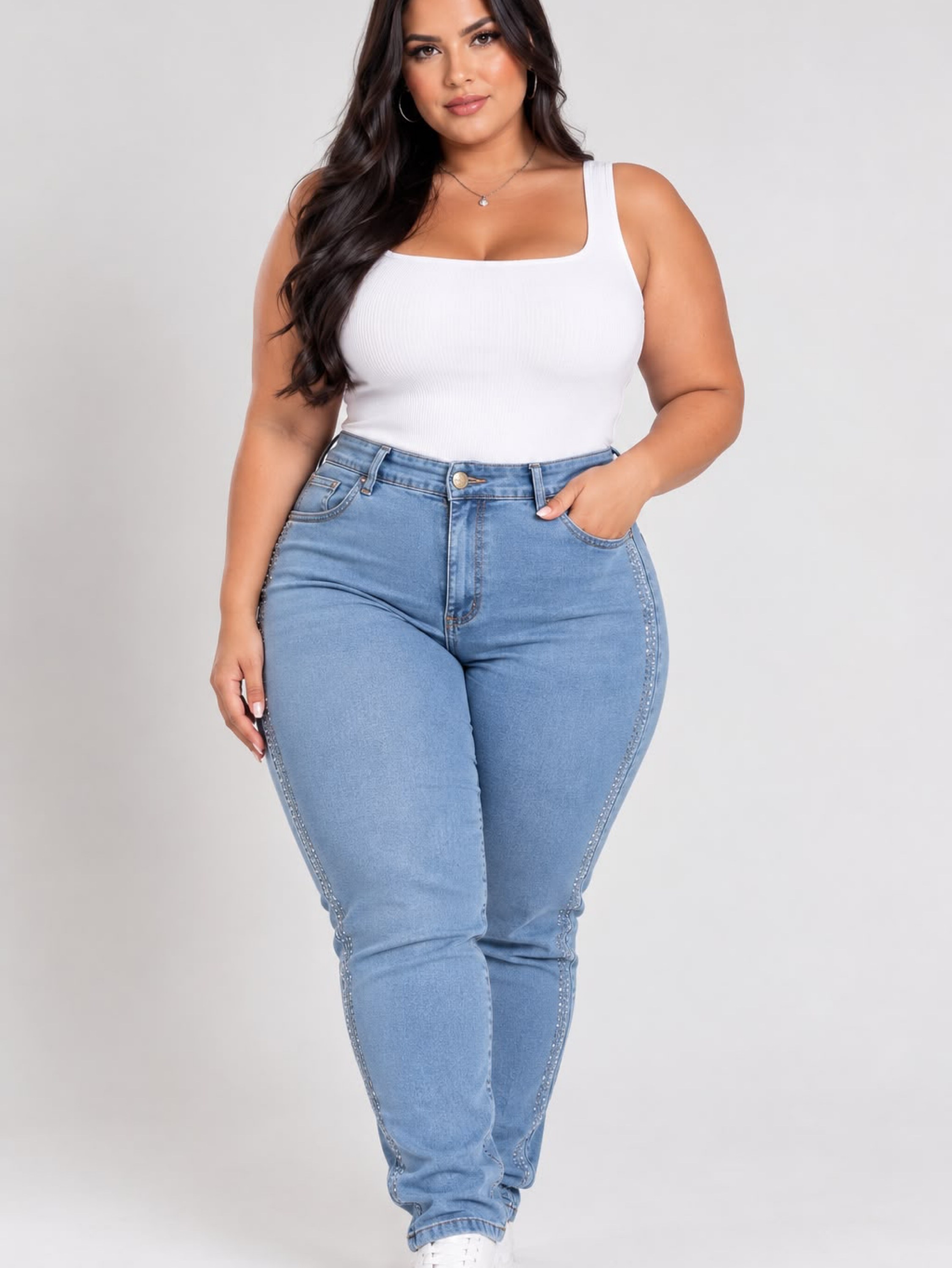 Calça Skinny Plus com brilho lateral