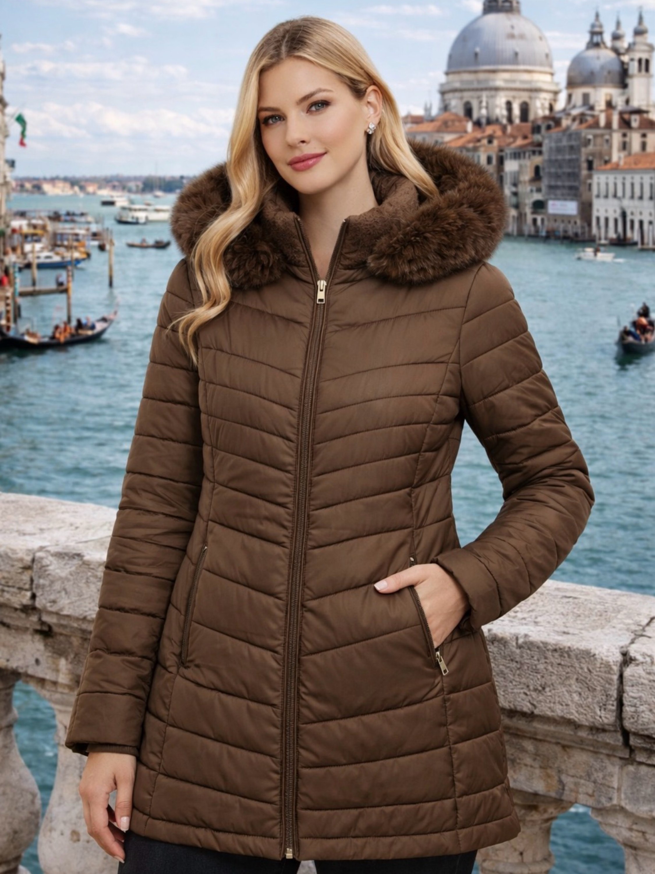 Sobretudo de nylon forrada feminino