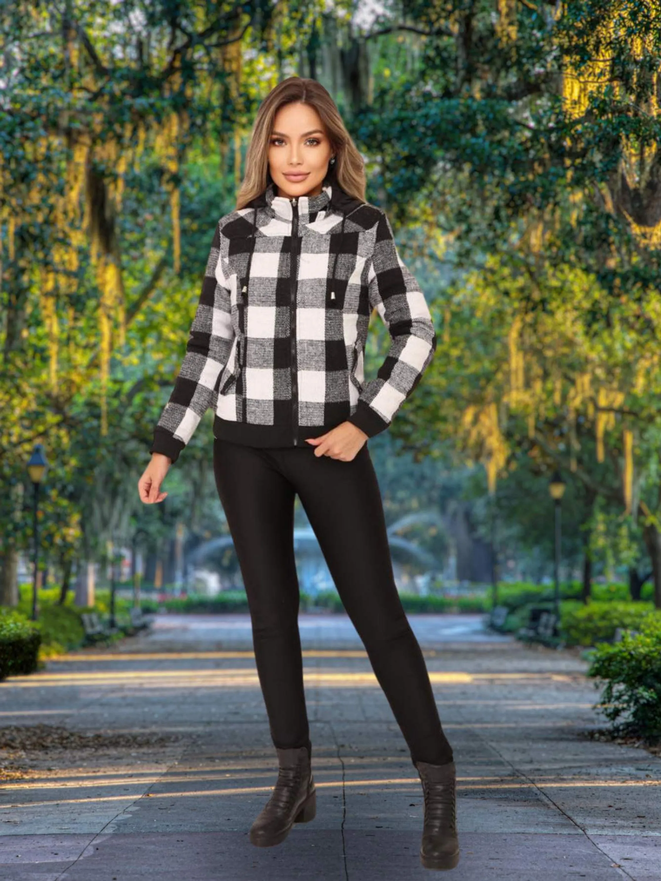 Jaqueta Xadrez Elegante Feminina Dupla Face com Capuz Confortável de frio Moda de Inverno - AL-01