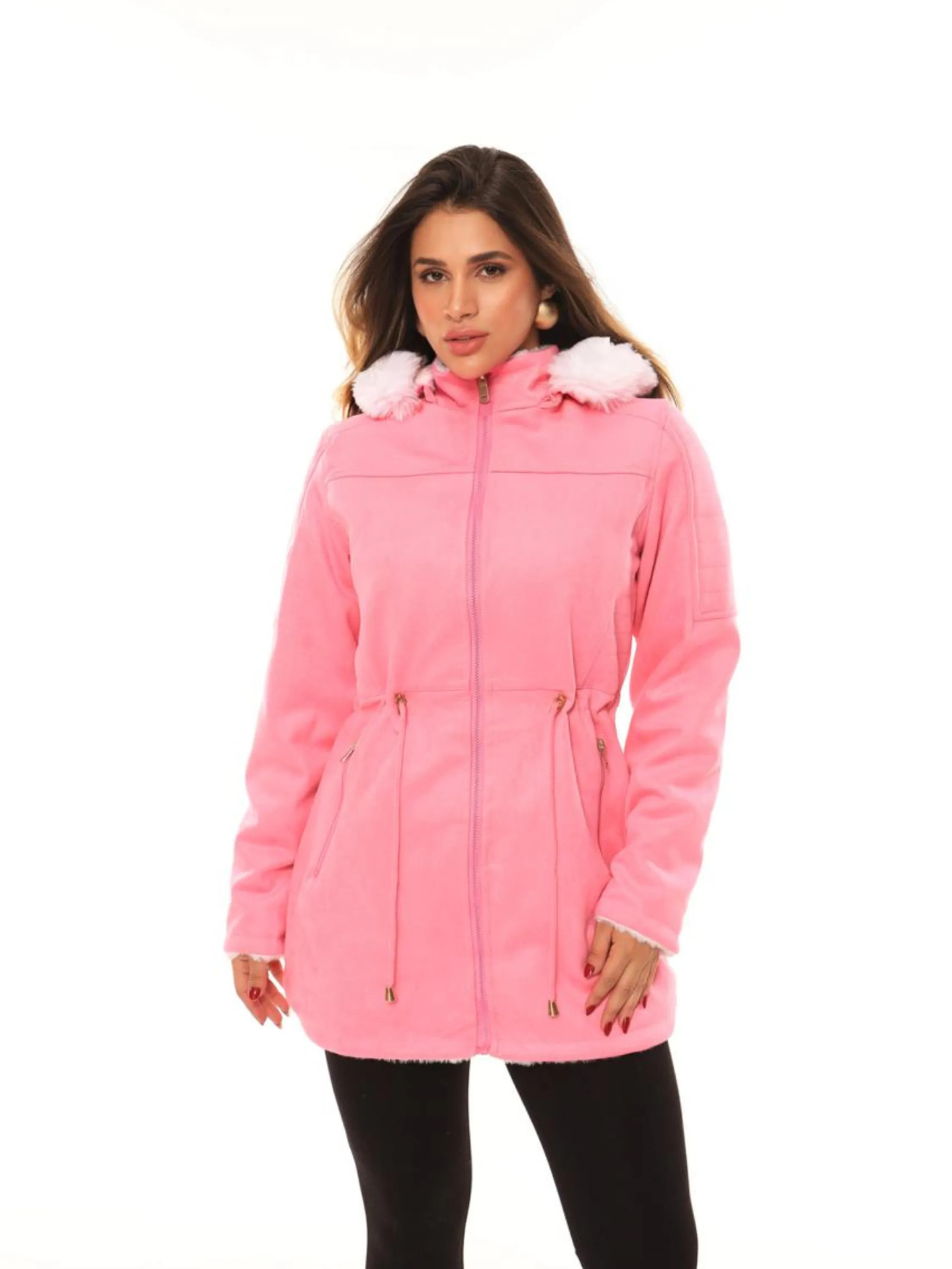 Parka Feminina Moda de Inverno Elegante Dupla Face Aveludada com Capuz e Bolsos Tendência Blogueira - 685