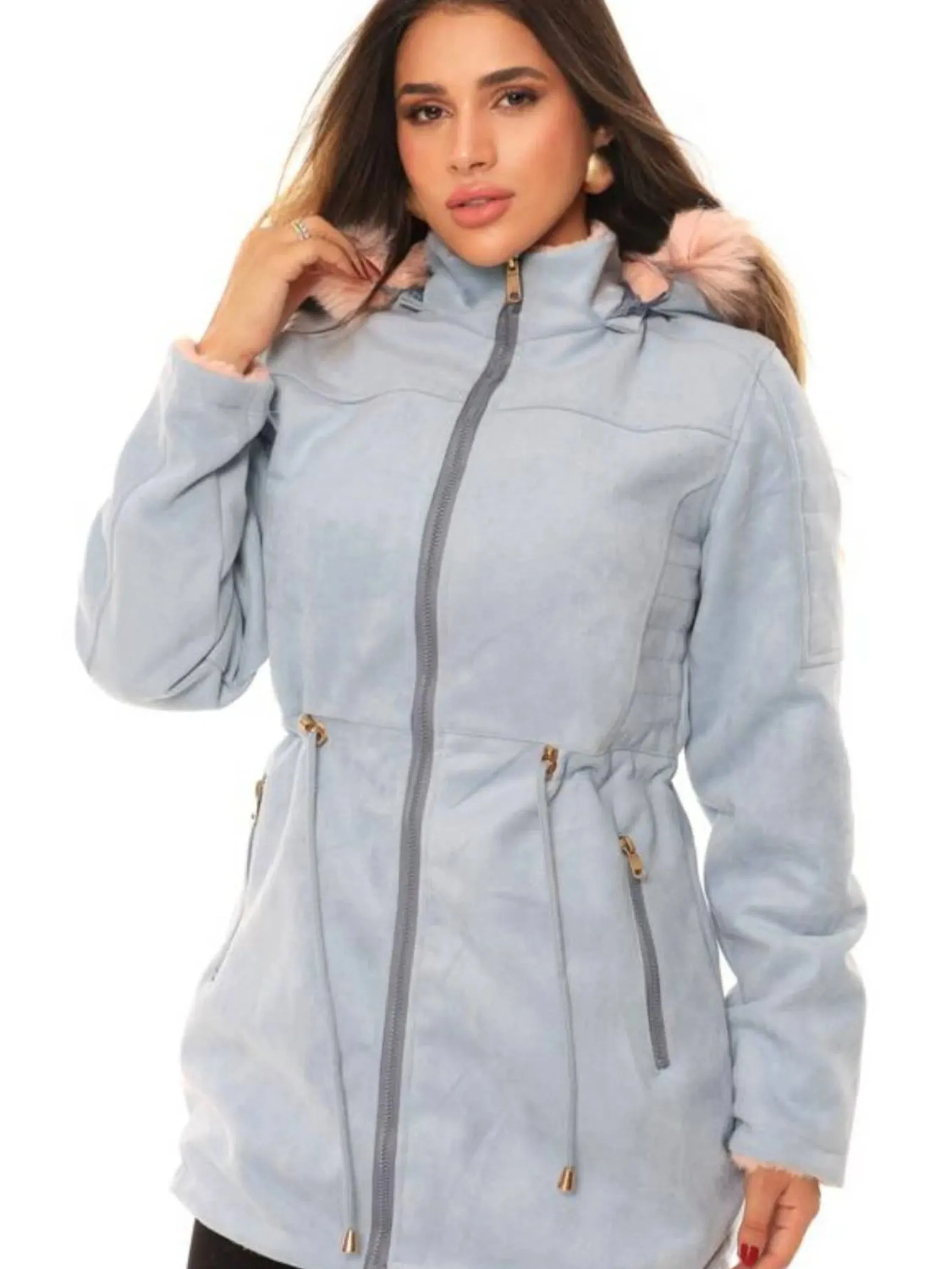 Jaqueta Parka Feminina tecido Suede forrada dupla face Capuz Removível Moda Gringa Tendência de Inverno - 685