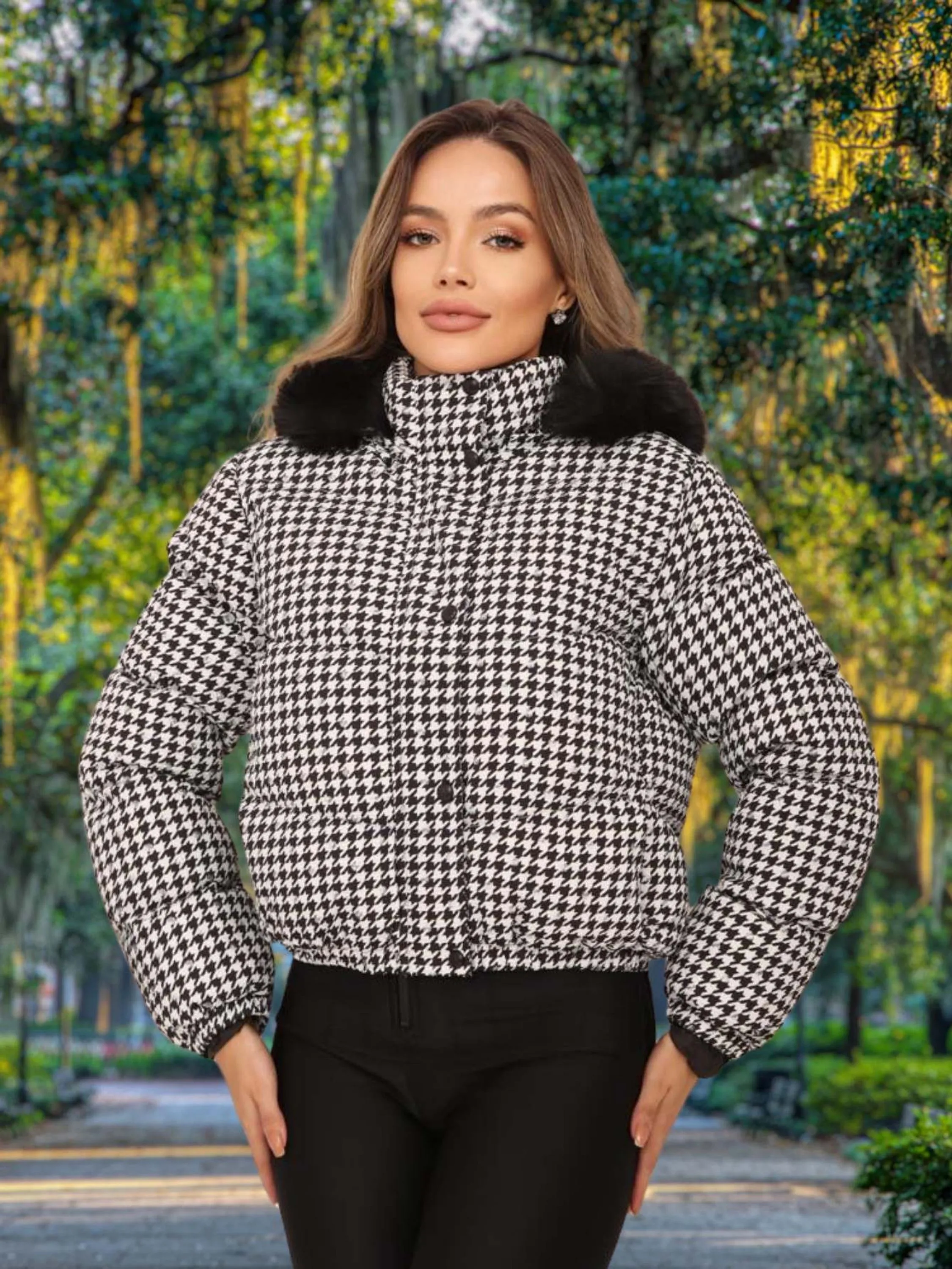 Jaqueta de Frio Puffer Feminina Xadrez de Brilho com Capuz Removível Estilosa Moda Blogueira Gringa - AL668