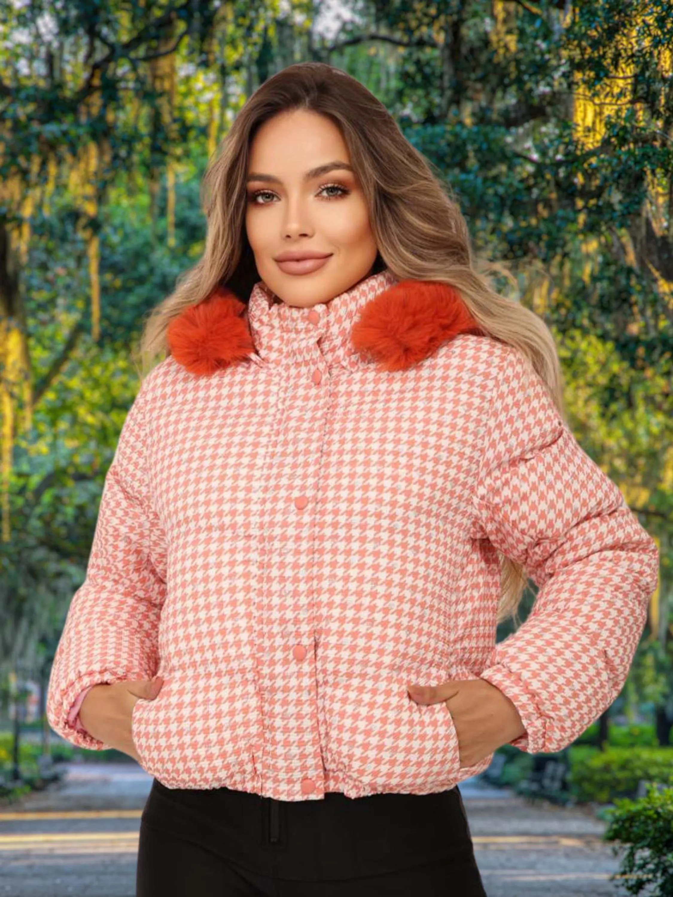 Jaqueta Feminina Puffer Xadrez com Brilho forrada com Capuz de pelinho Elegante de Festa e Passeio com Estilo - AL668