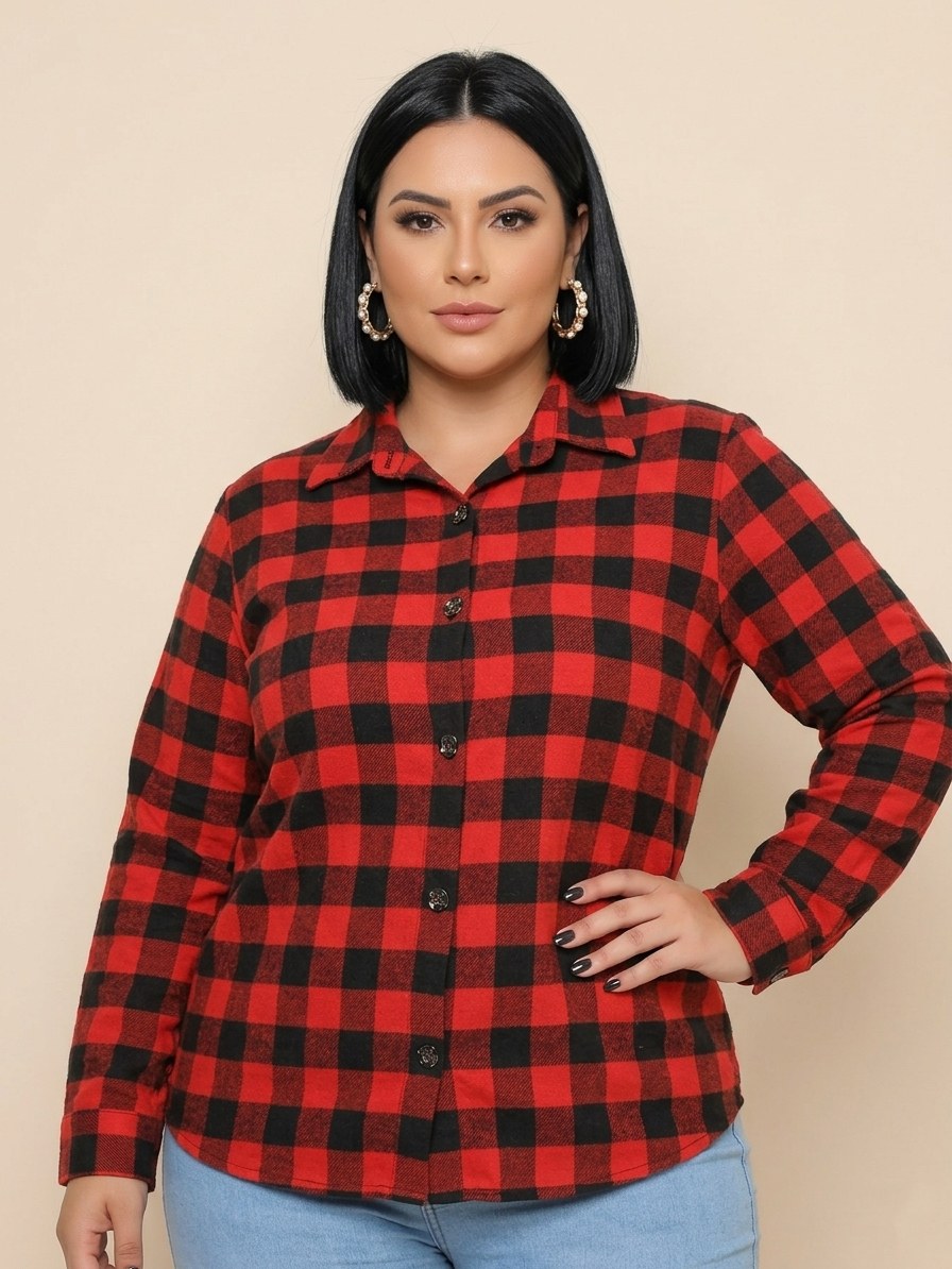 (Blusa Xadrez Plus Size Feminina)