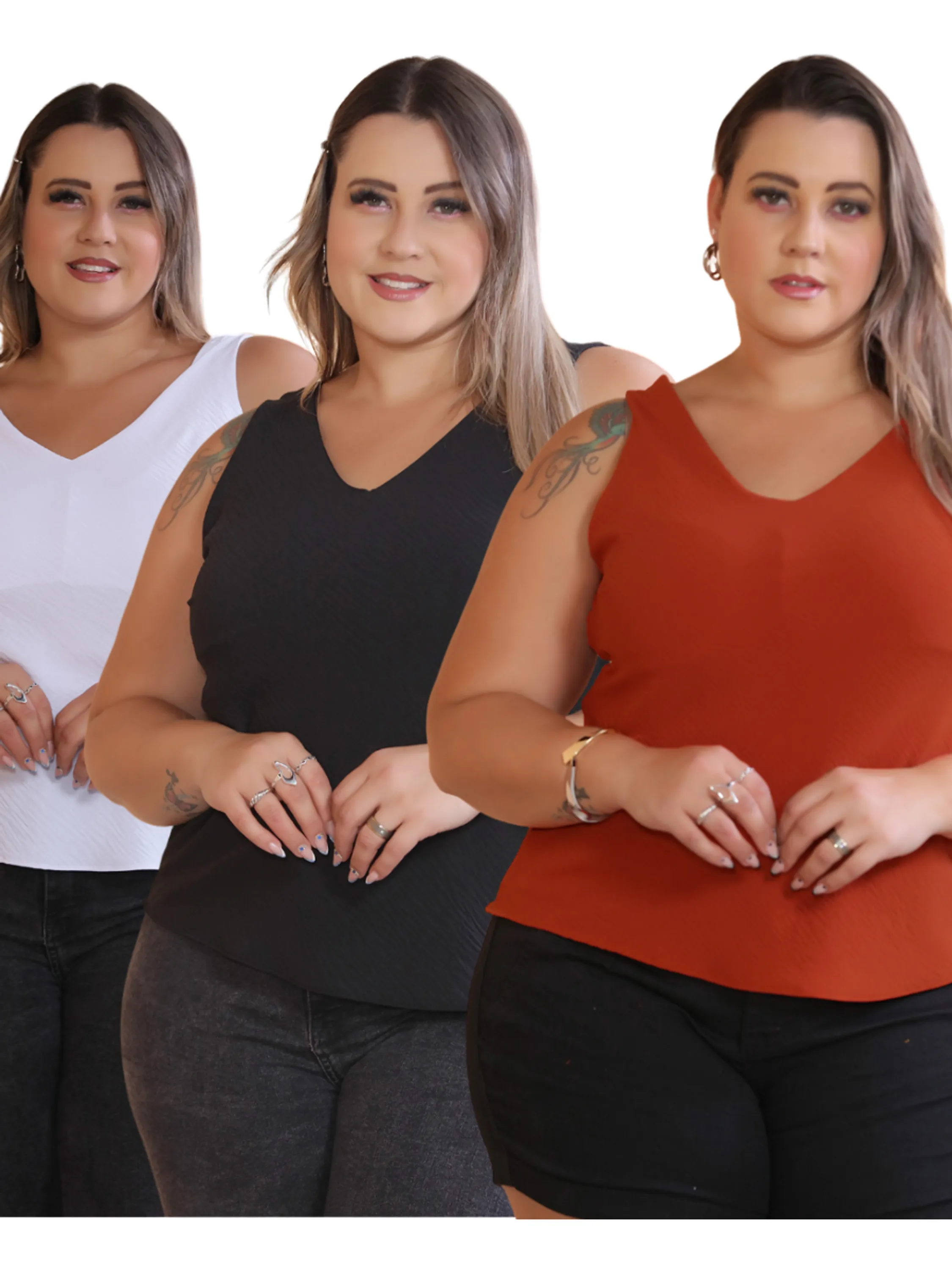 Regata Gola V Estampas e Liso Plus Size Feminina