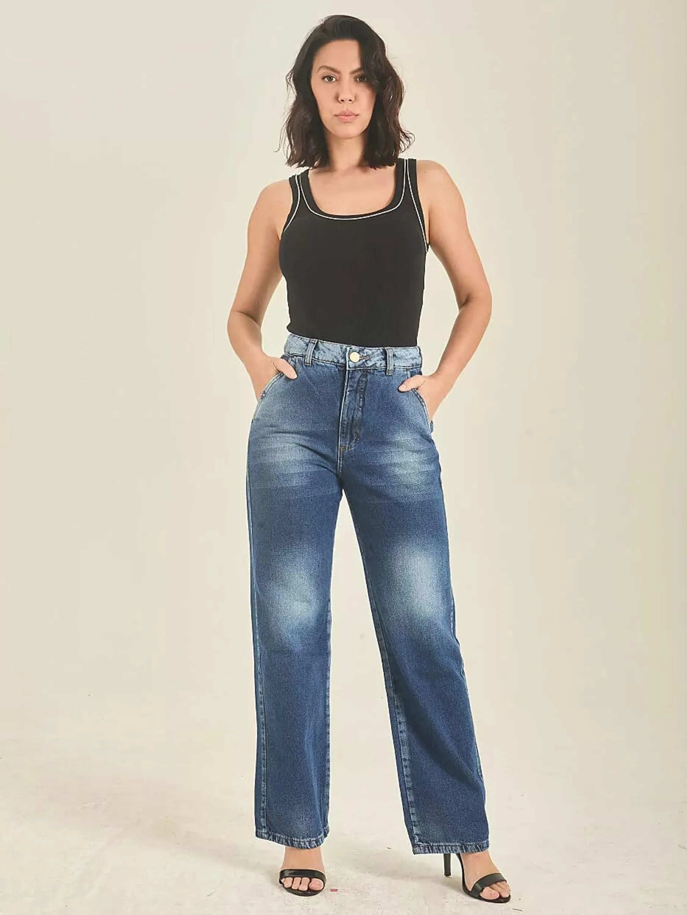 Calça jeans Reta cintura alta 100% algodão