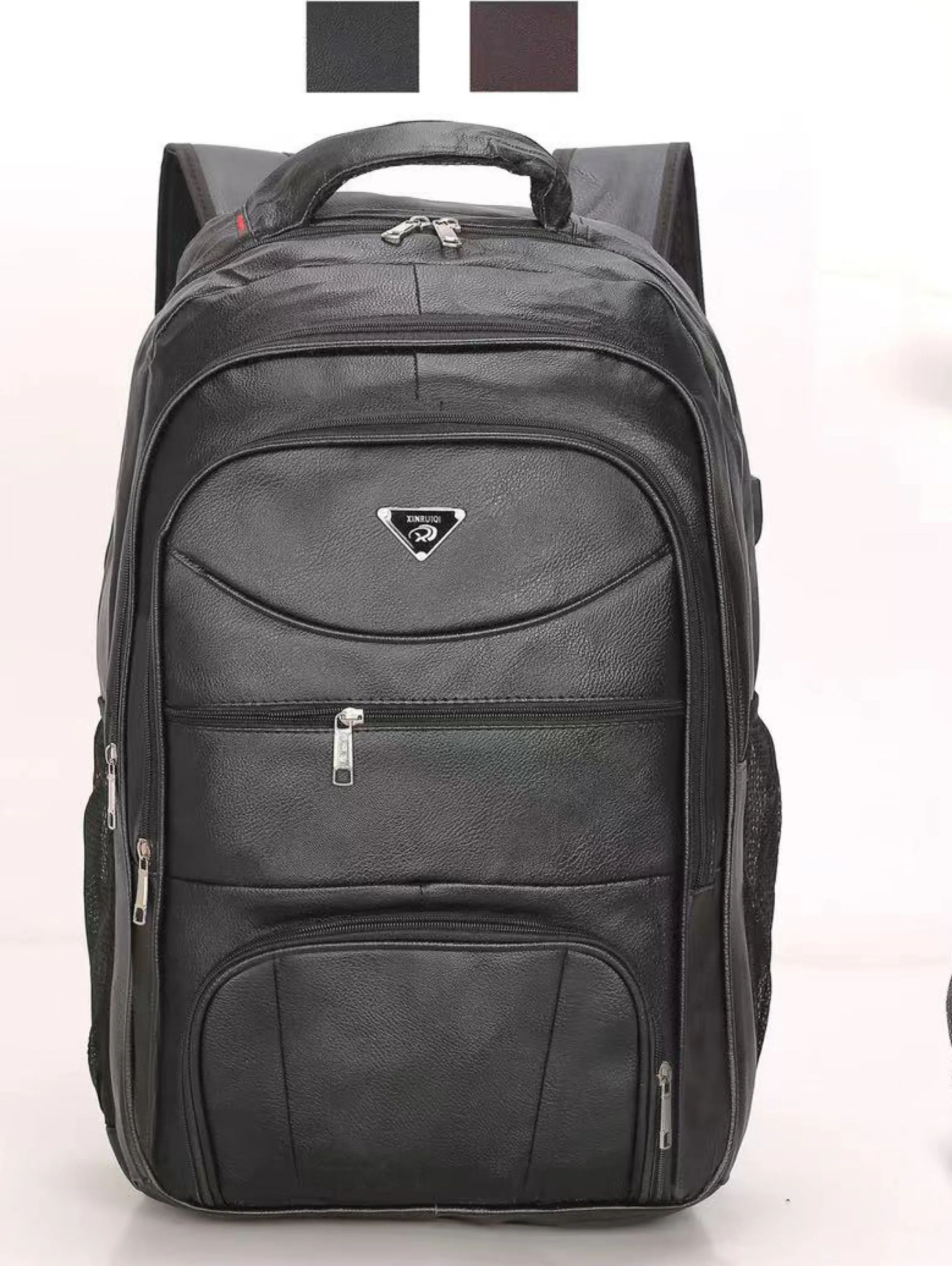 XL-02 Mochila de couro masculina com porta USB, grande capacidade para laptop de escola social executiva, modelo aleatório de transporte de couro falso