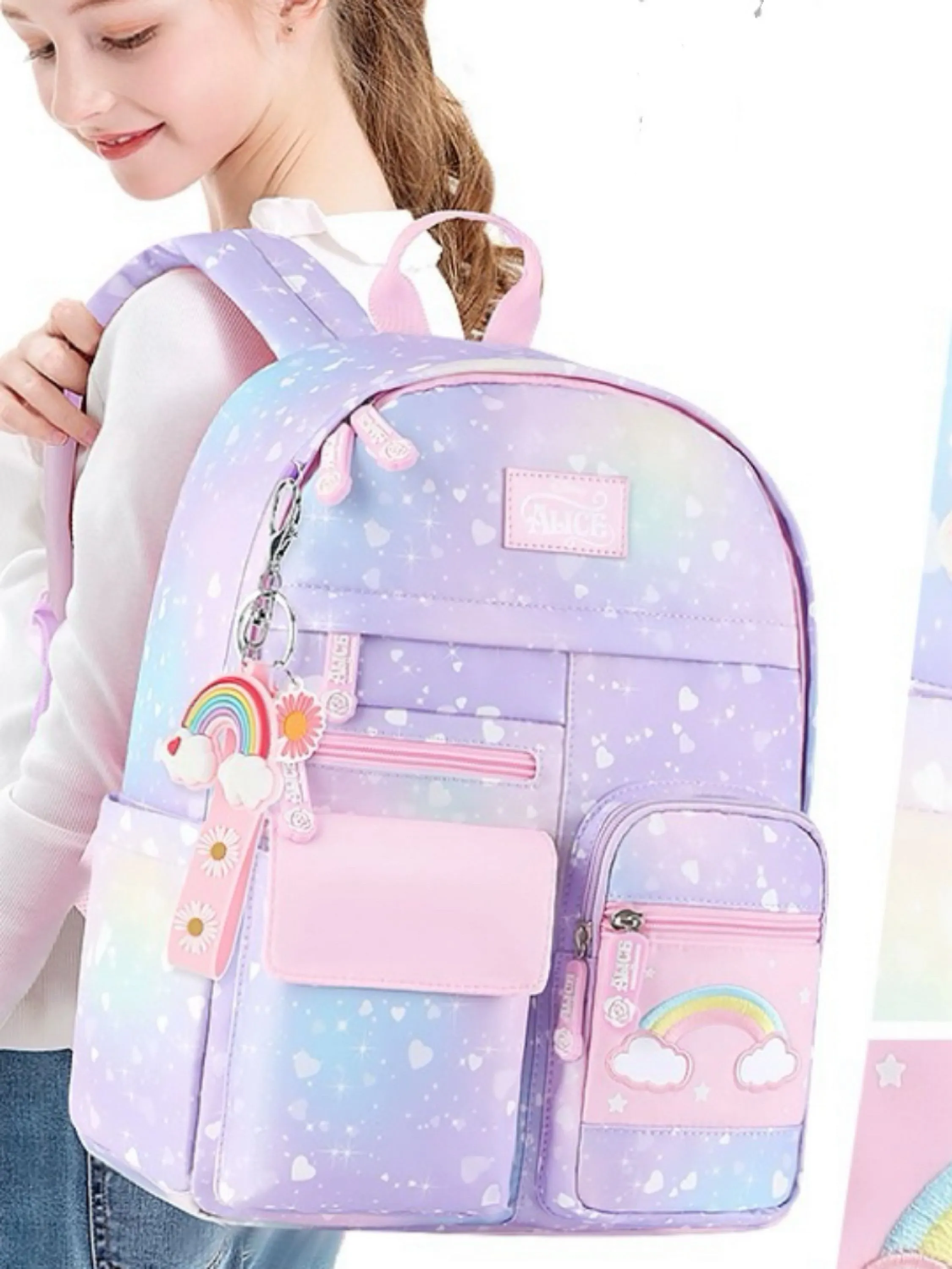 3316-. Mochilas escolares para meninas com abertura de porta estilo geladeira, novo estilo à prova d'água para estudantes e crianças de grande capacidade Chaveiro e detalhe no zíper meramente ilustrativo, não faz parte do produto!