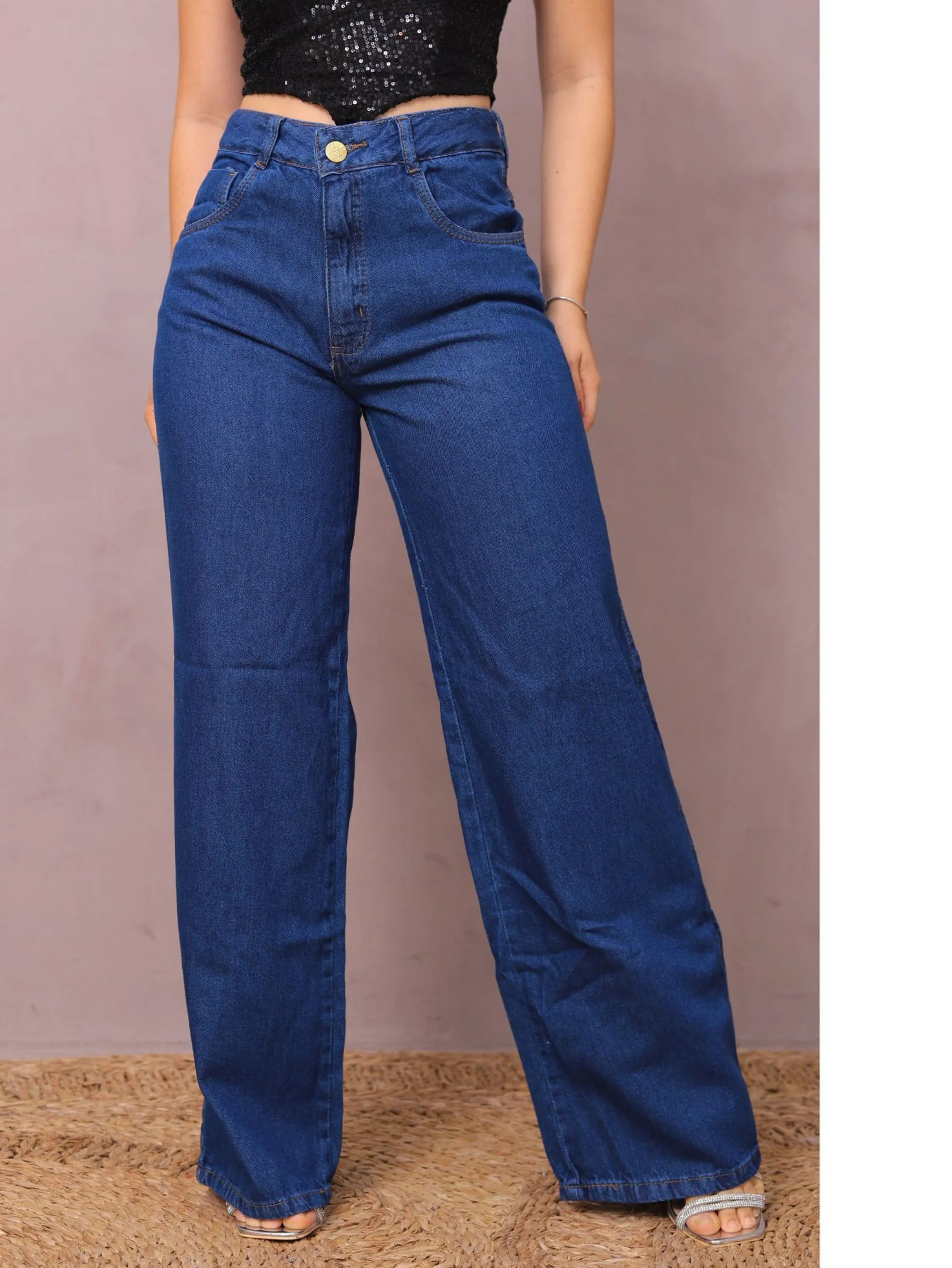 CALÇA JEANS FEMININA WIDE LEG LISA PANTALONA