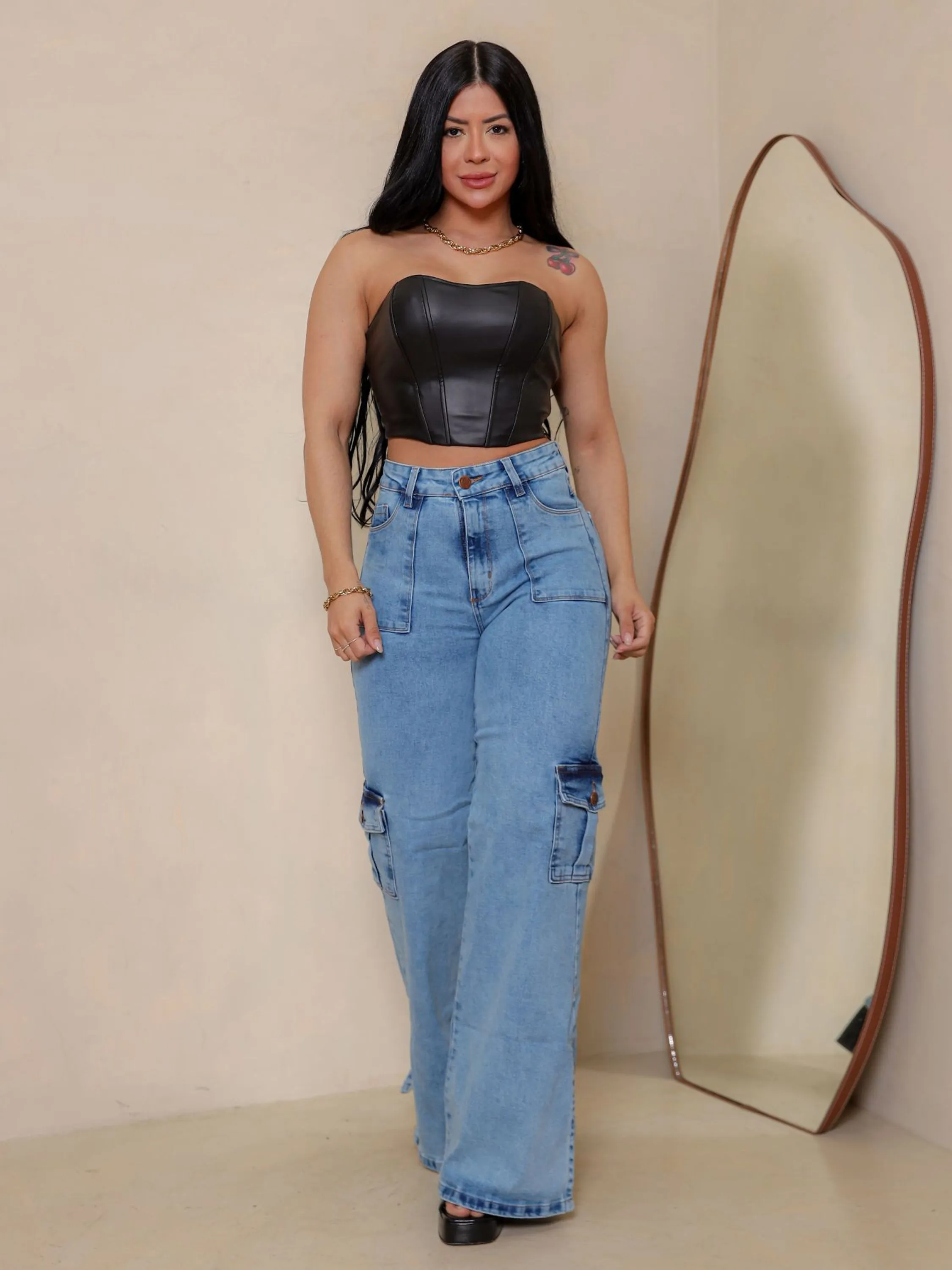 calça wide leg jeans cargo