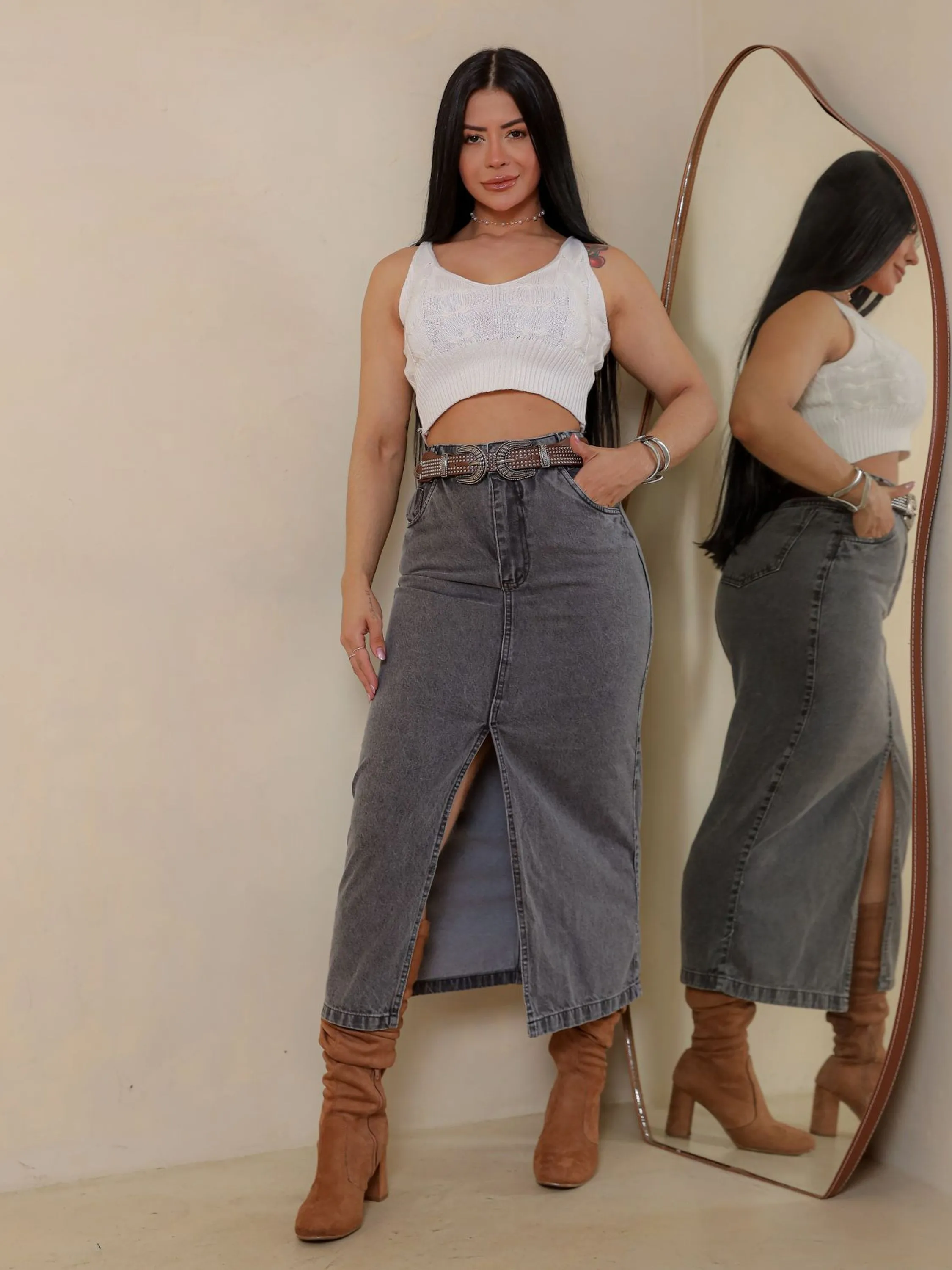 Saia Jeans Midi Longa Com Fenda Cintura Alta Premiun