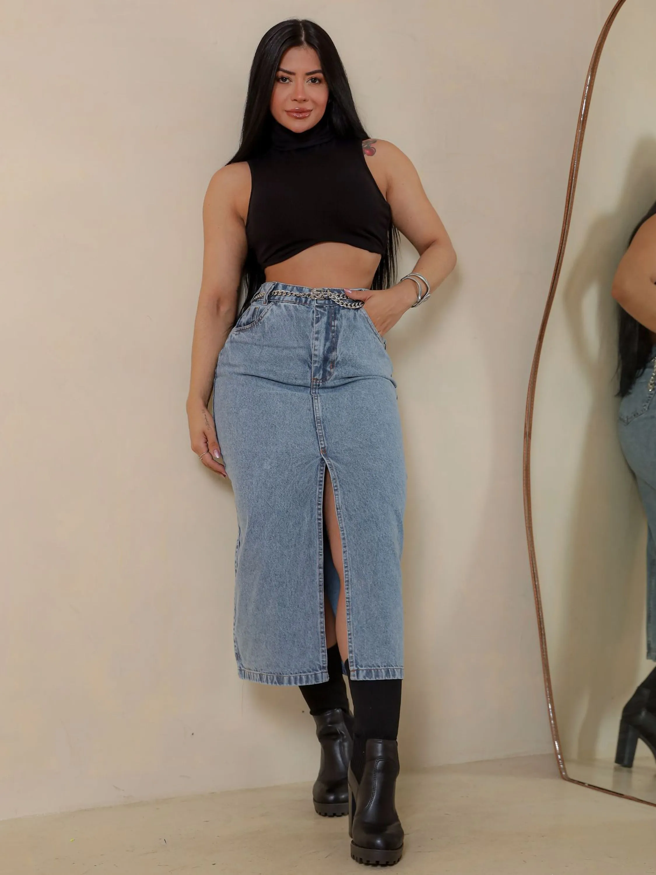 Saia Longa Jeans Feminina Cós Alto Fenda Frontal