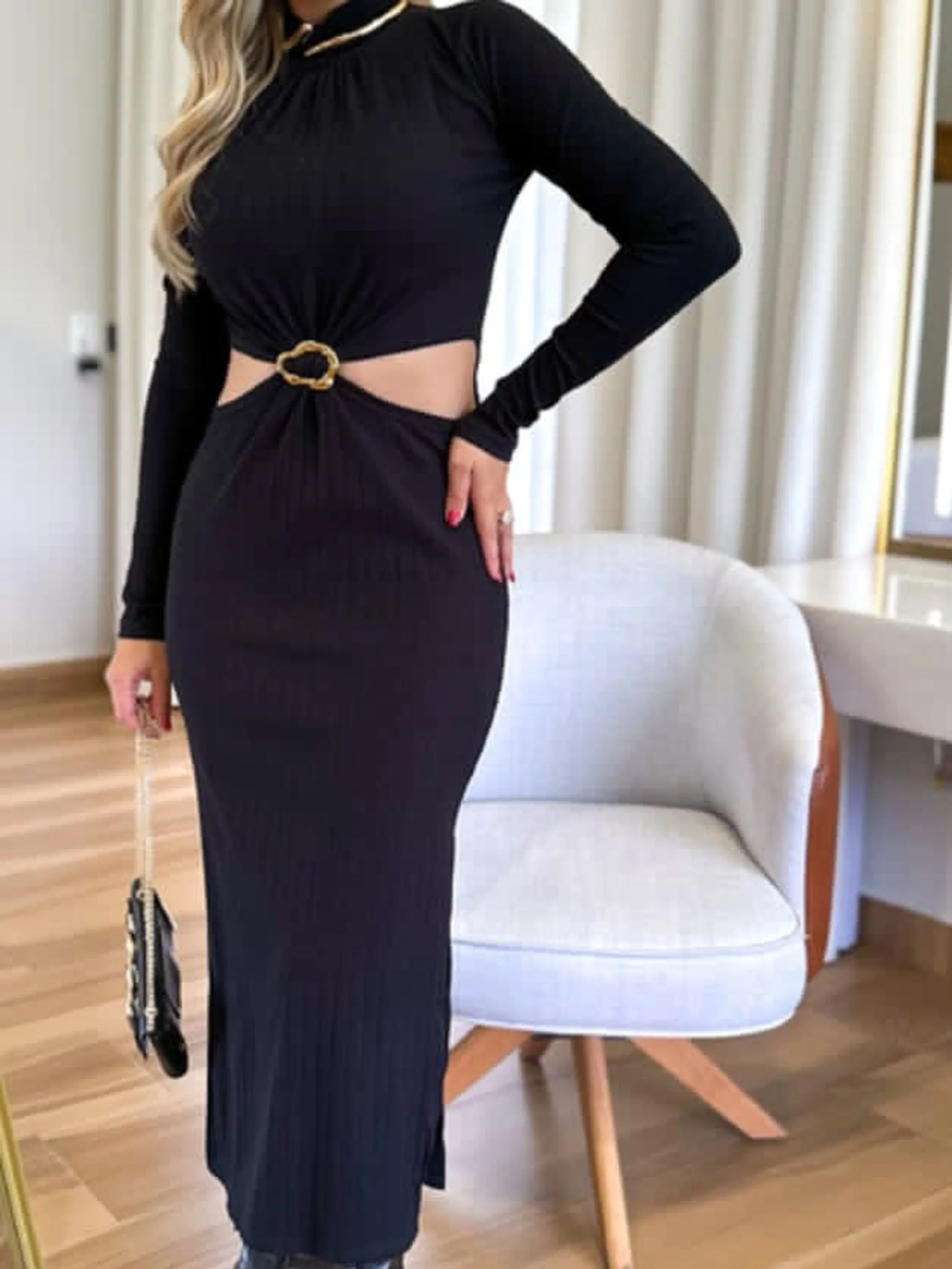 Vestido manga longa canelado Anaruga