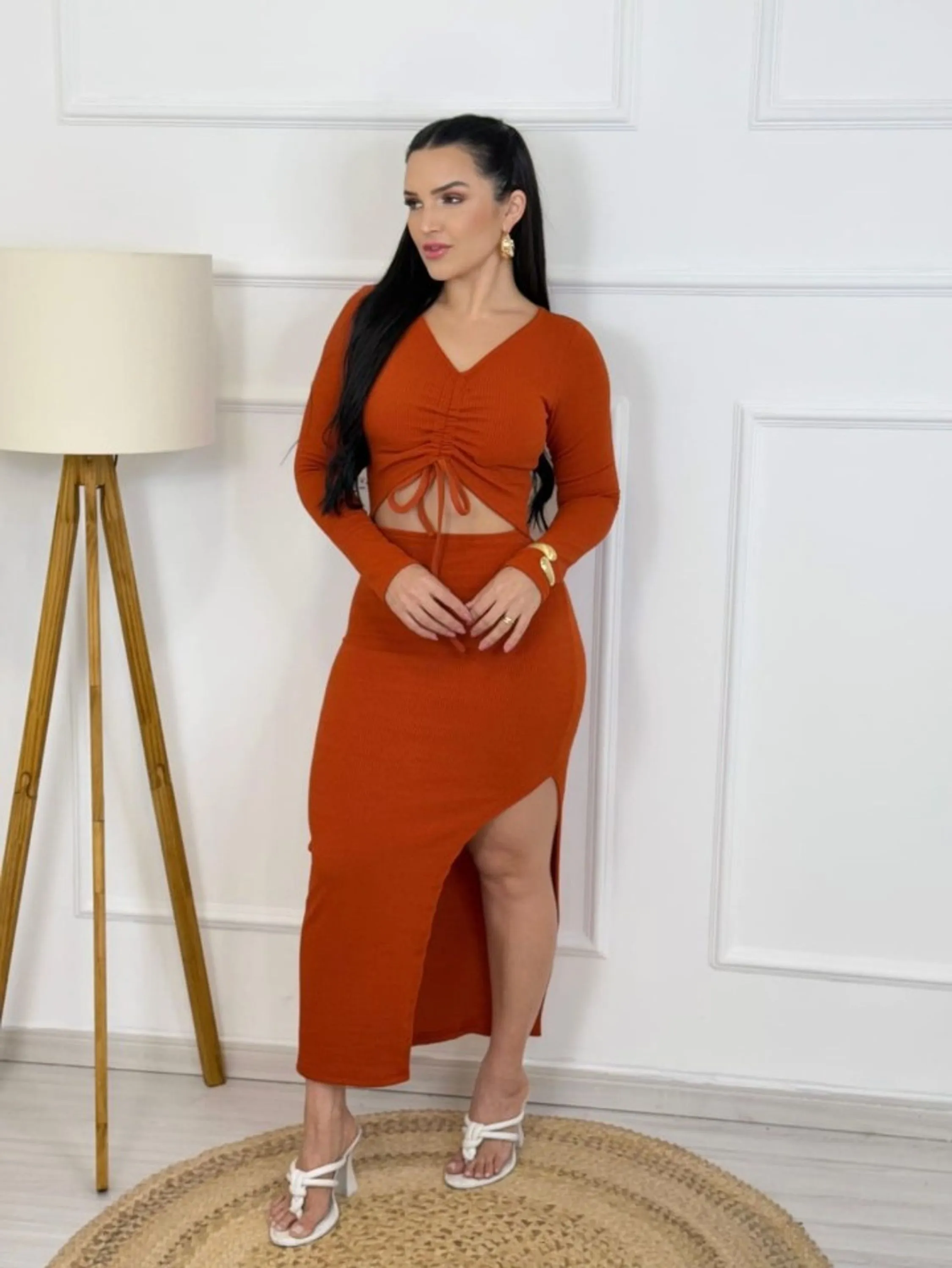 Vestido manga longa canelado Anaruga