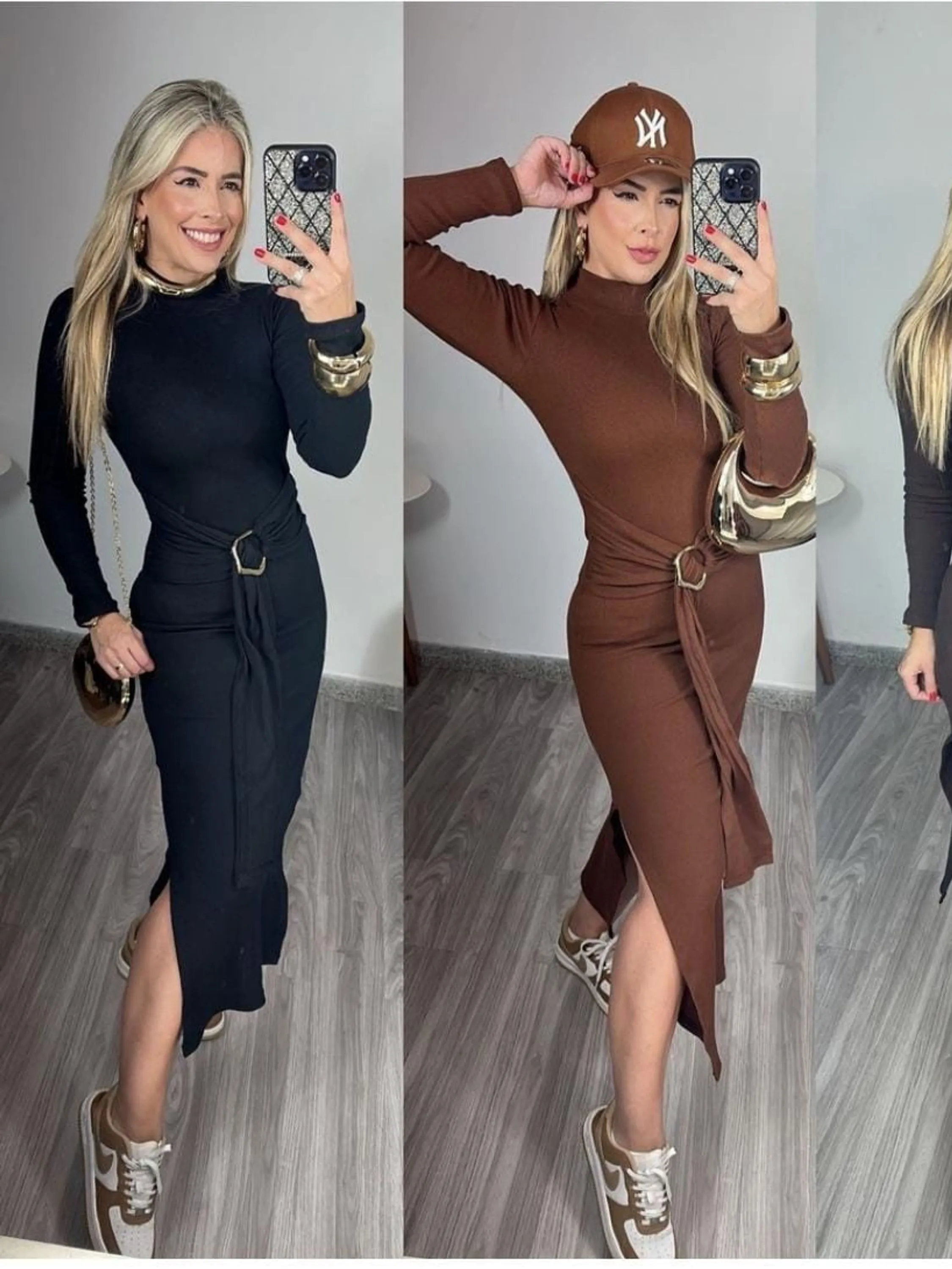 Vestido manga longa canelado Anaruga