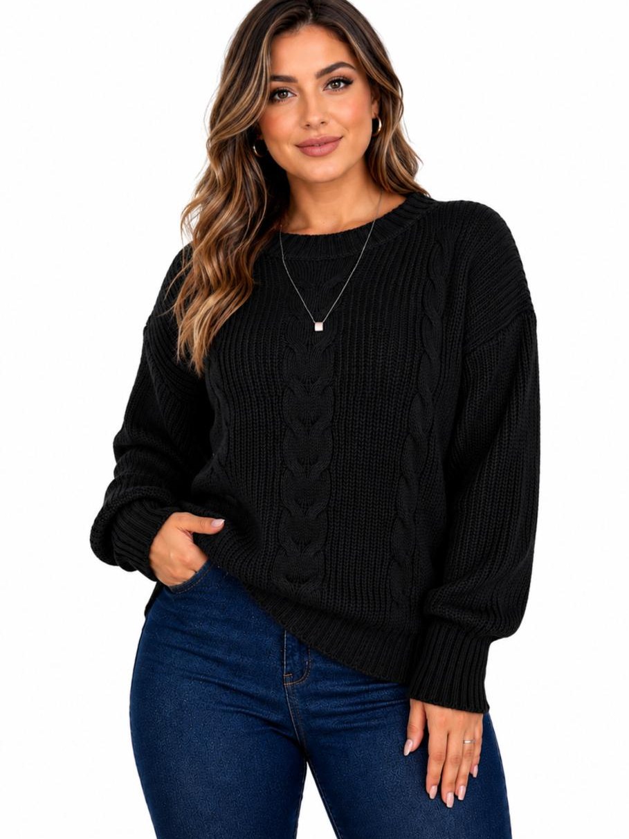 Blusa Feminina Tricô Trançado Gola Redonda Manga Longa