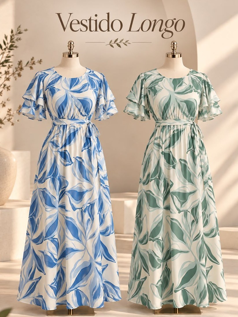 Vestido Longo Manga Dupla Plus