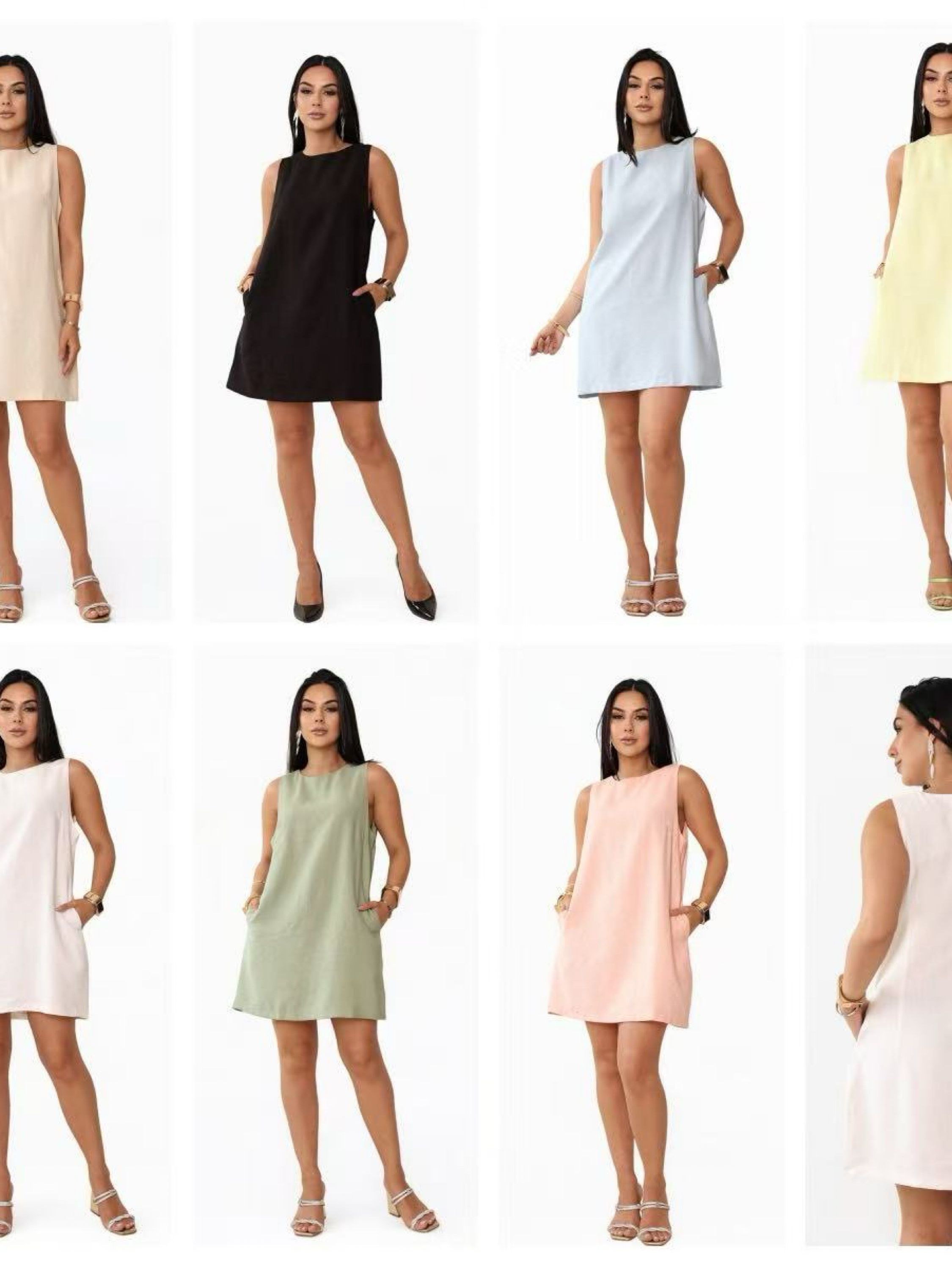 Vestido midi elegante, liso, sem mangas, com decote