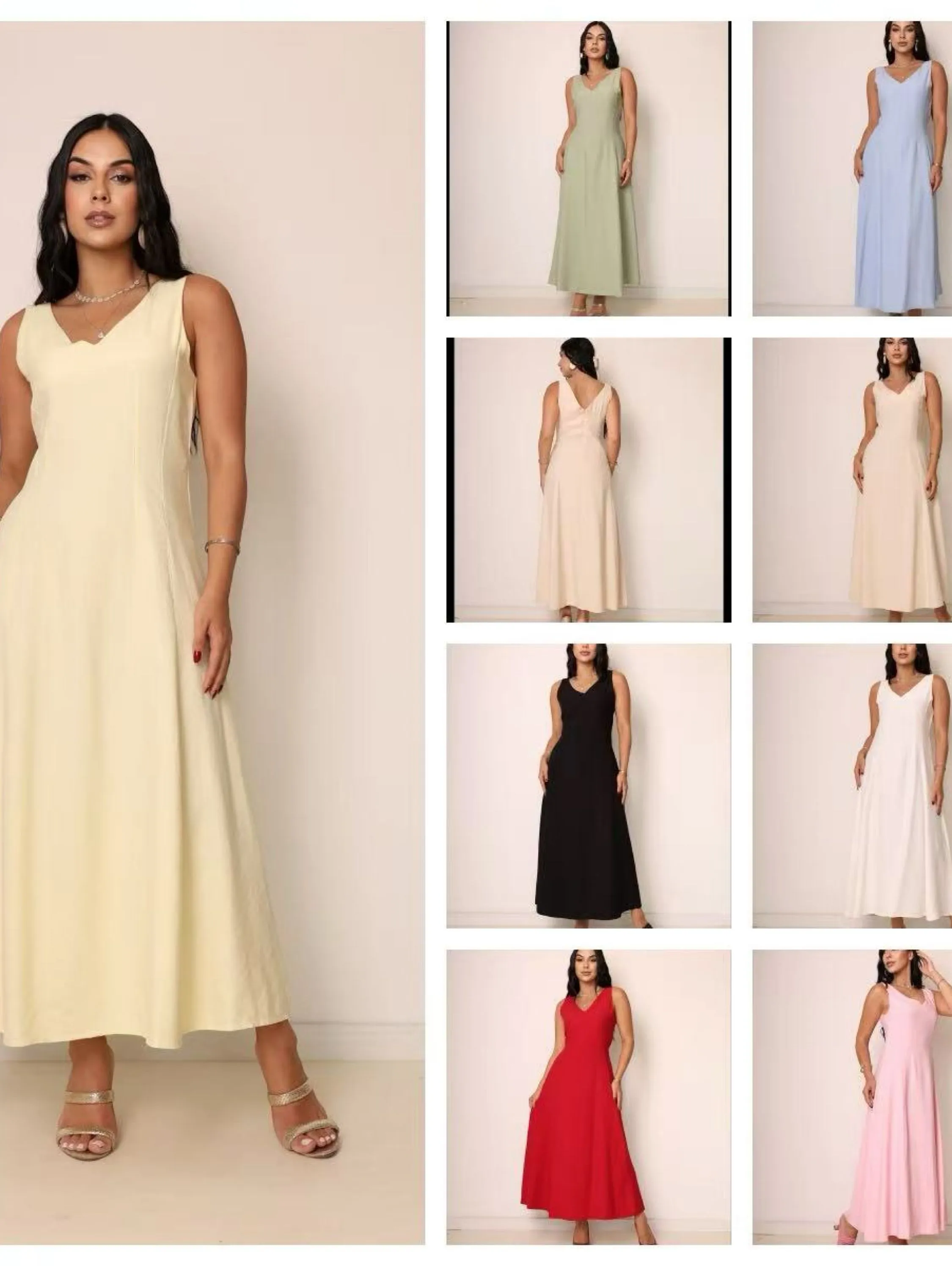 Vestido midi elegante, liso, sem mangas, com decote em v