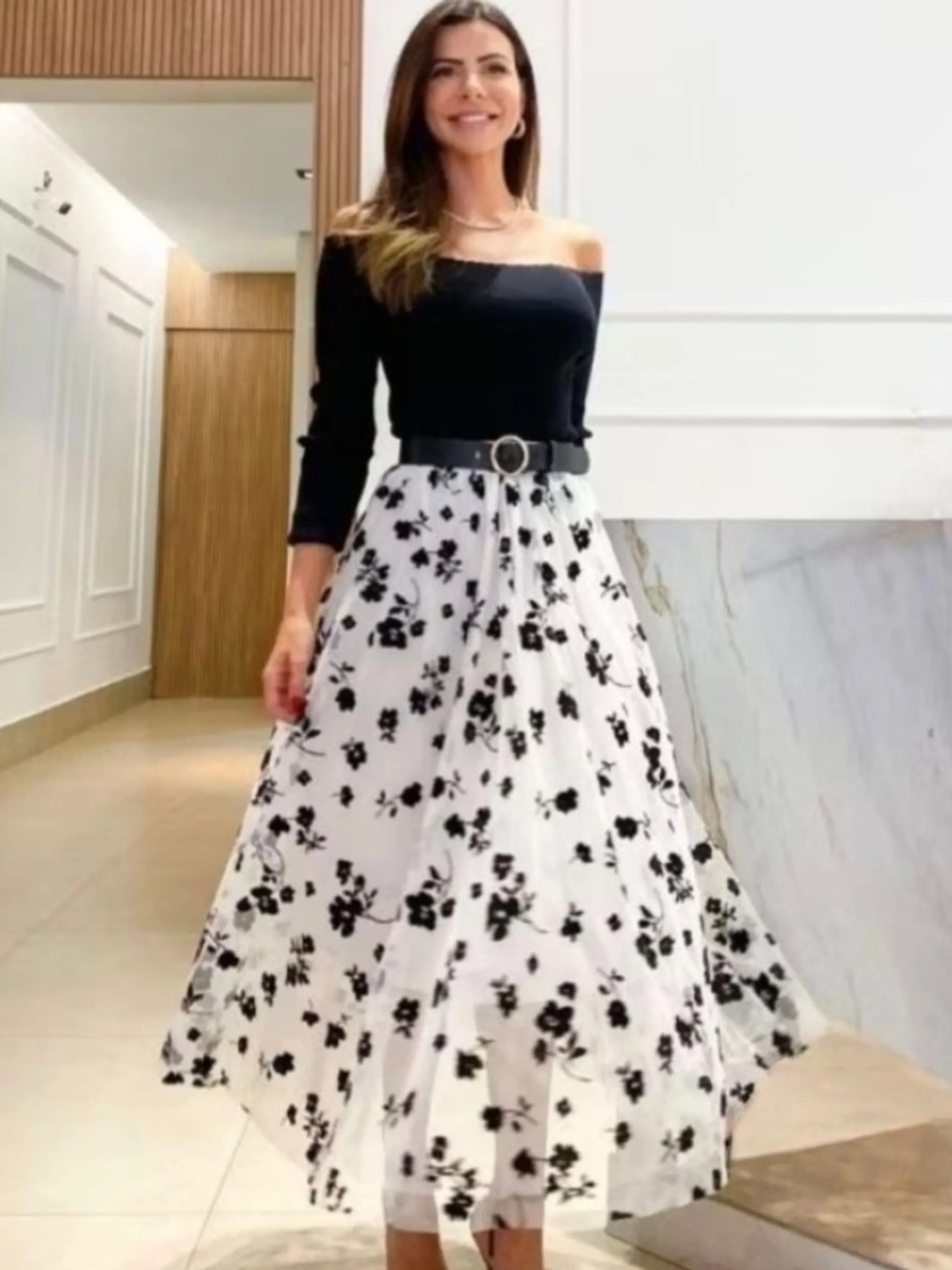 Saia Tule flor importado femininas modas Q003