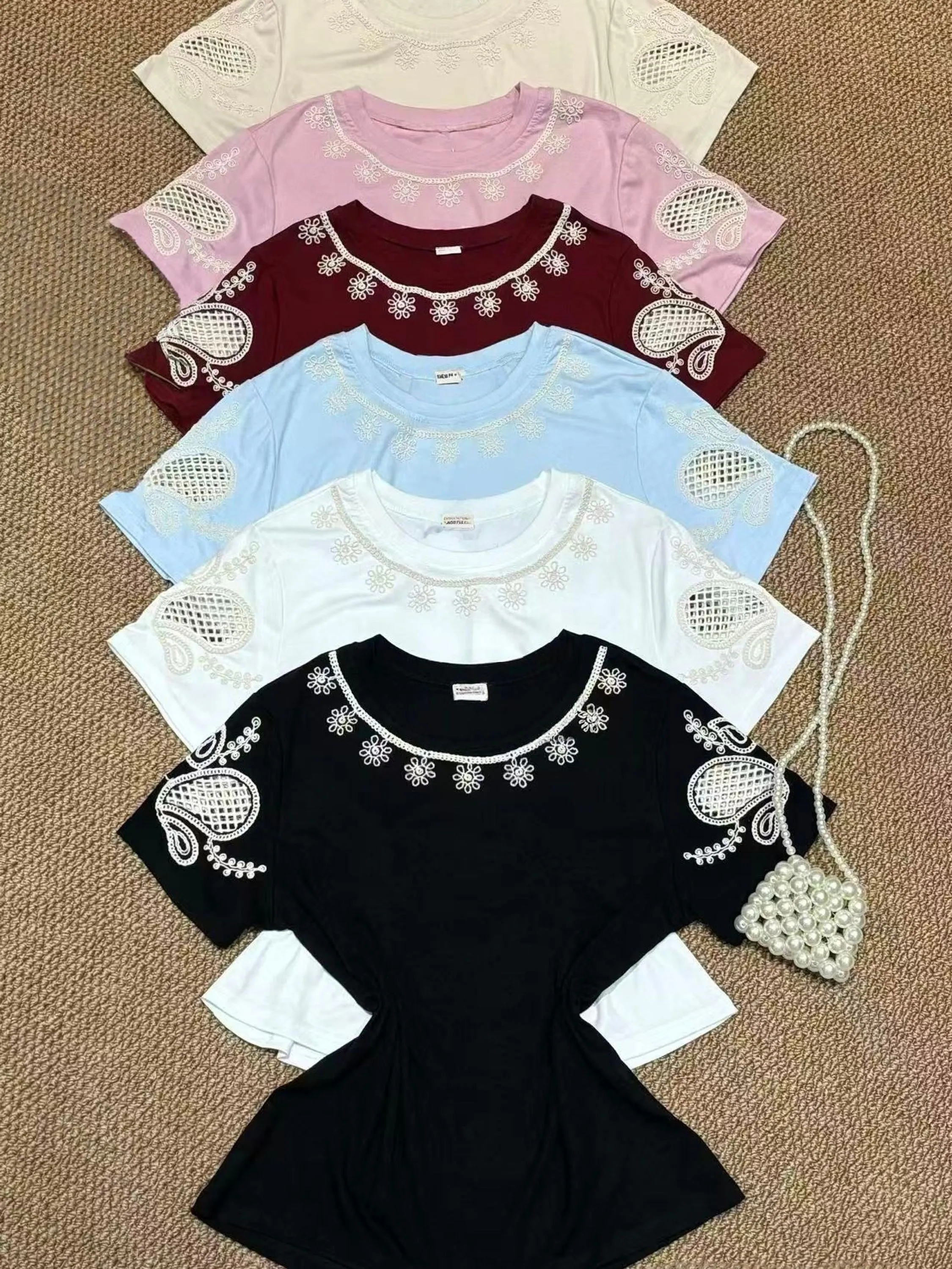 Camiseta bordado  Algodão importado femininas modas TX9008