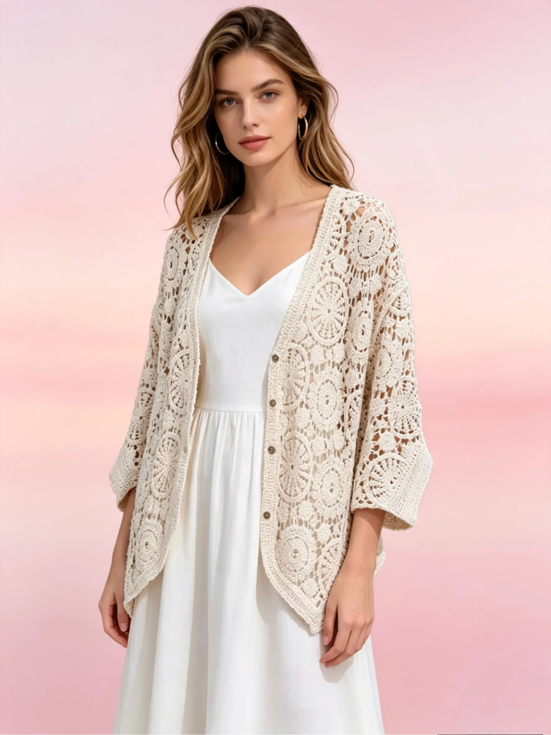 cardigan Renda Crochê importado femininas modas K10357