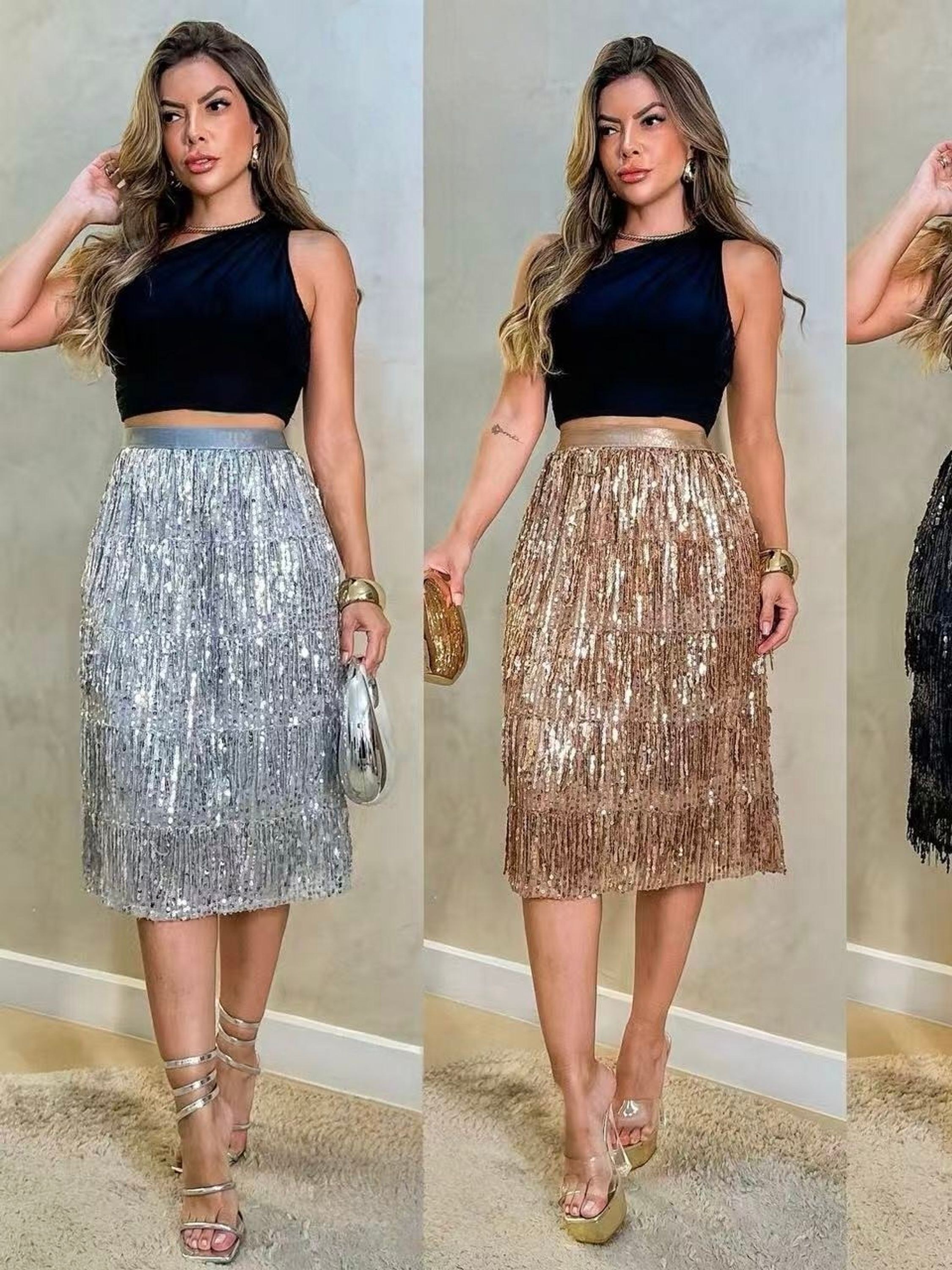 Saia paetê franja importado femininas modas A885