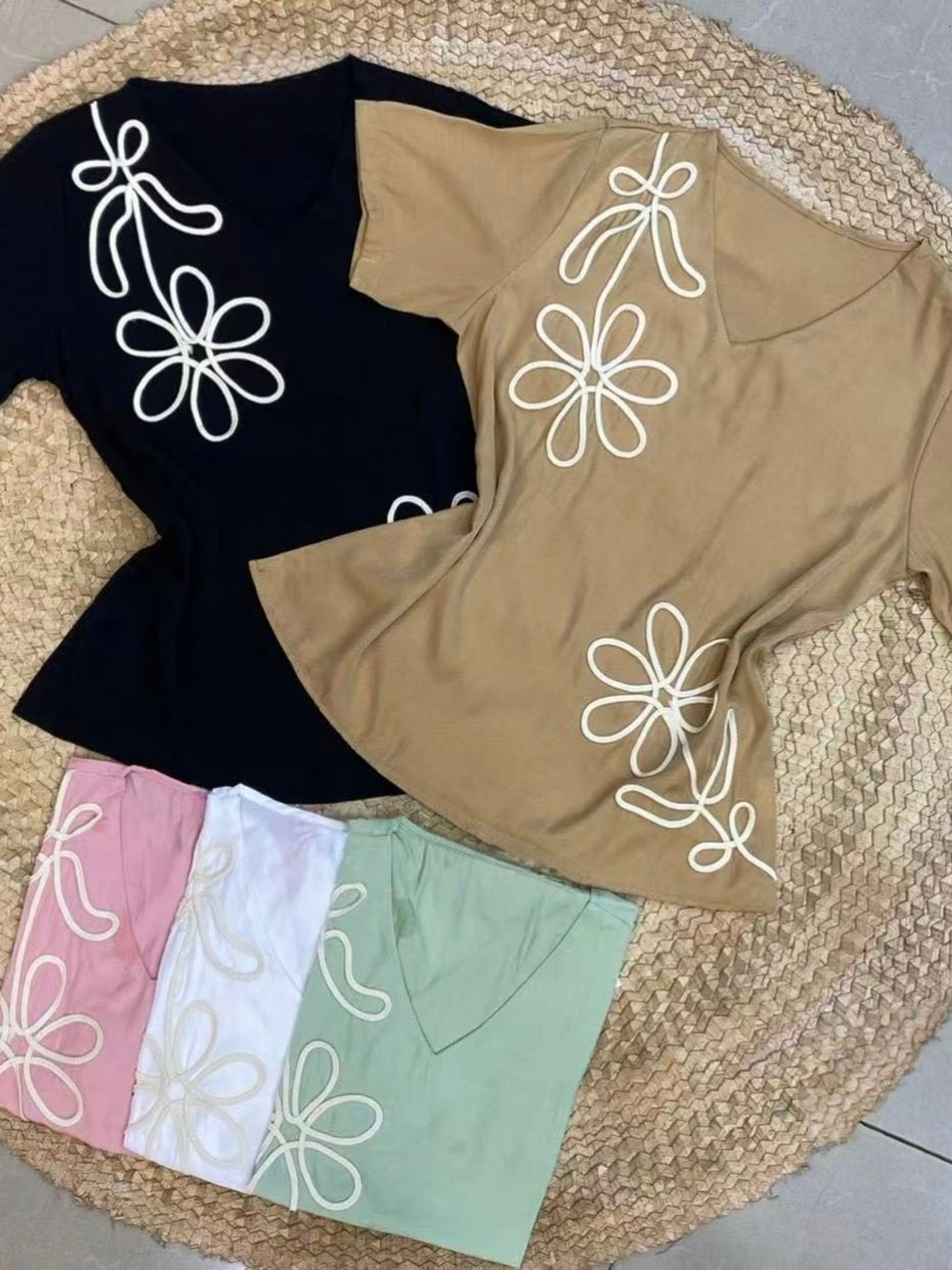 Camiseta bordado Linho gelada importado femininas T36935