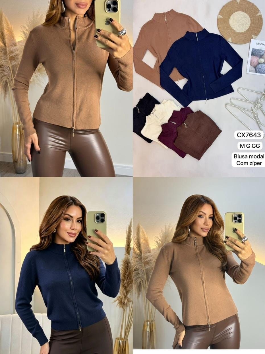 Casaco modal com zíper femininas modas CX7643