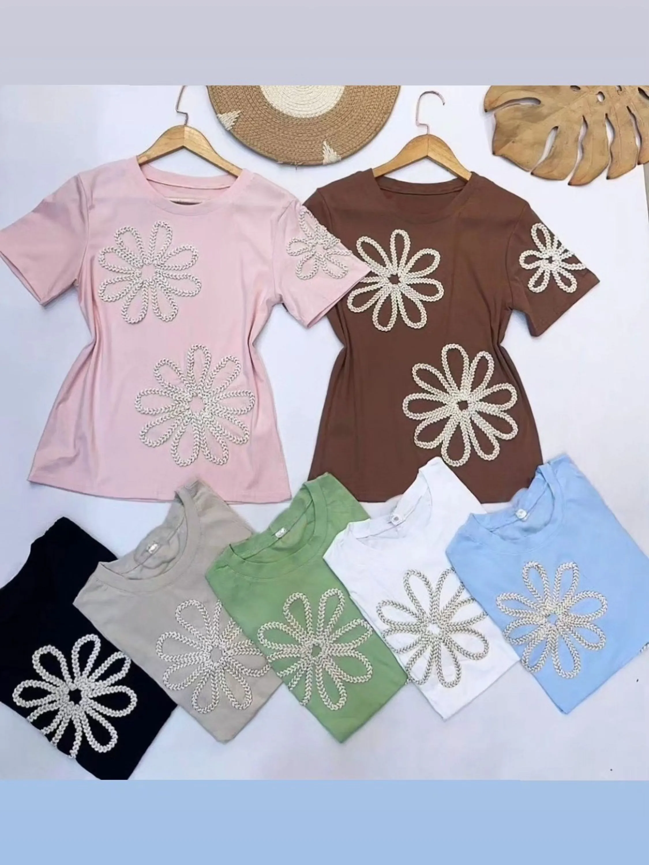 Camiseta bordado Algodão importado femininas modas LD9267