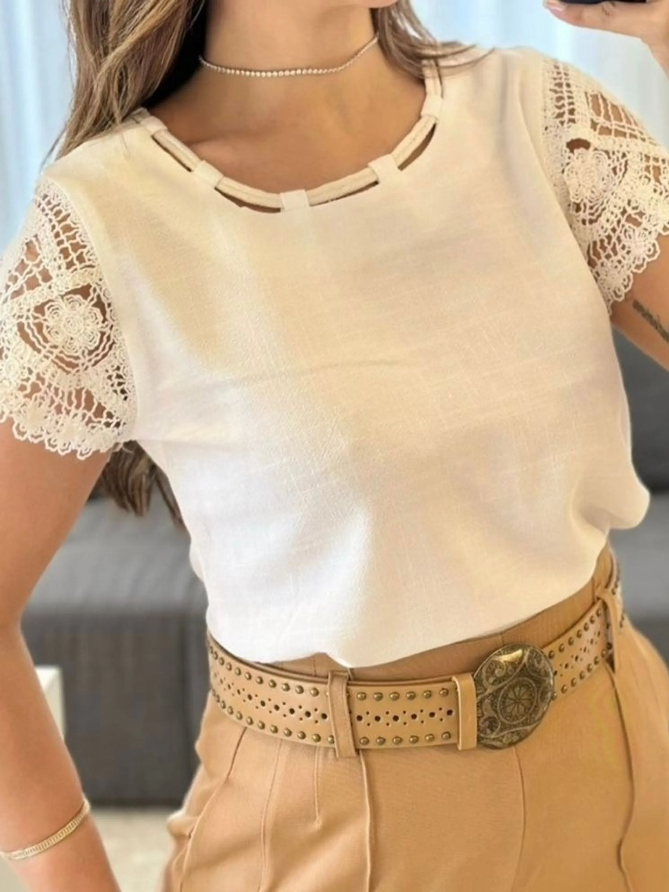 Camiseta bordado Linho importado femininas modas MF2339