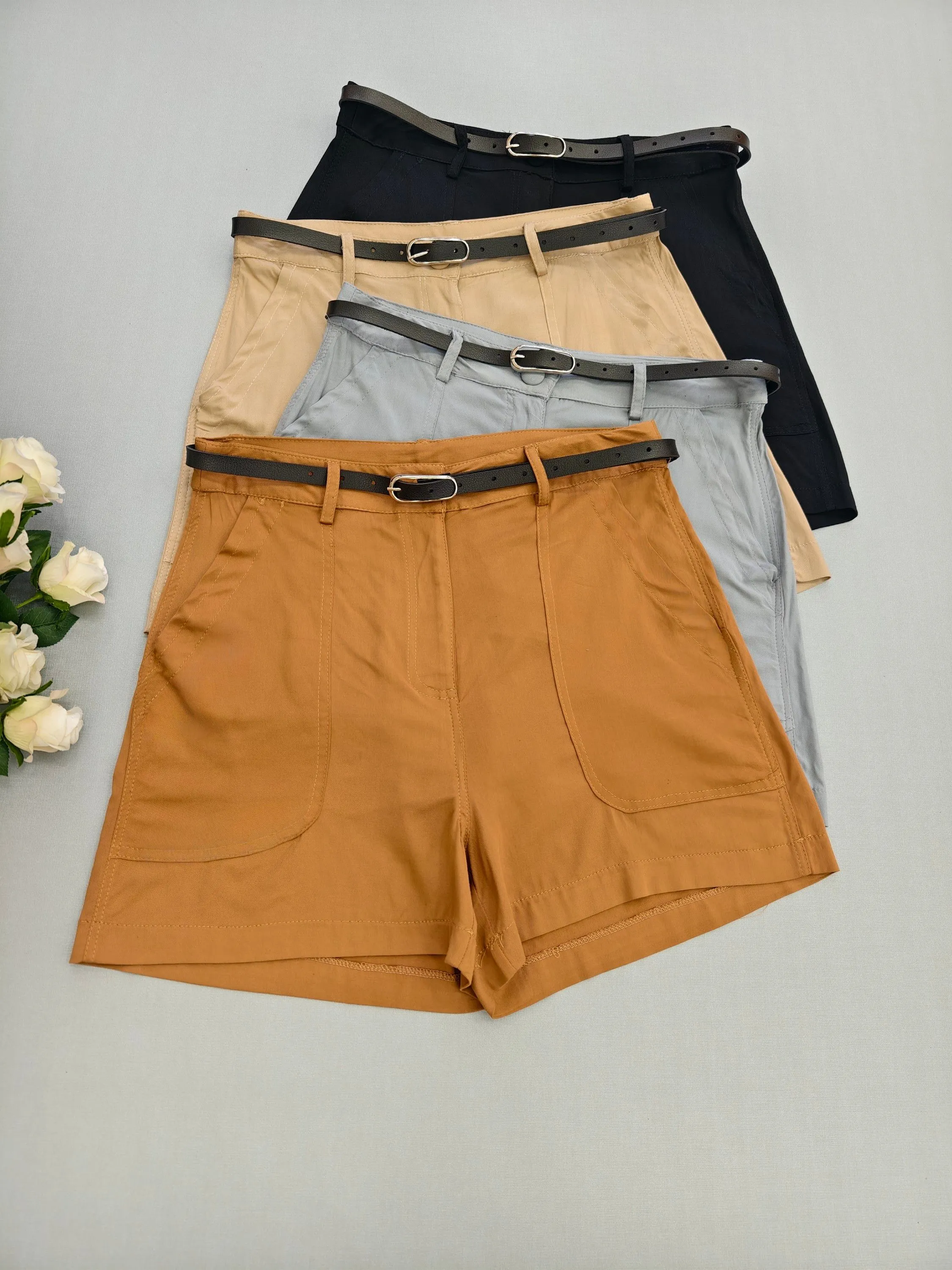 short viscolinho com cinto femininas modas 146#