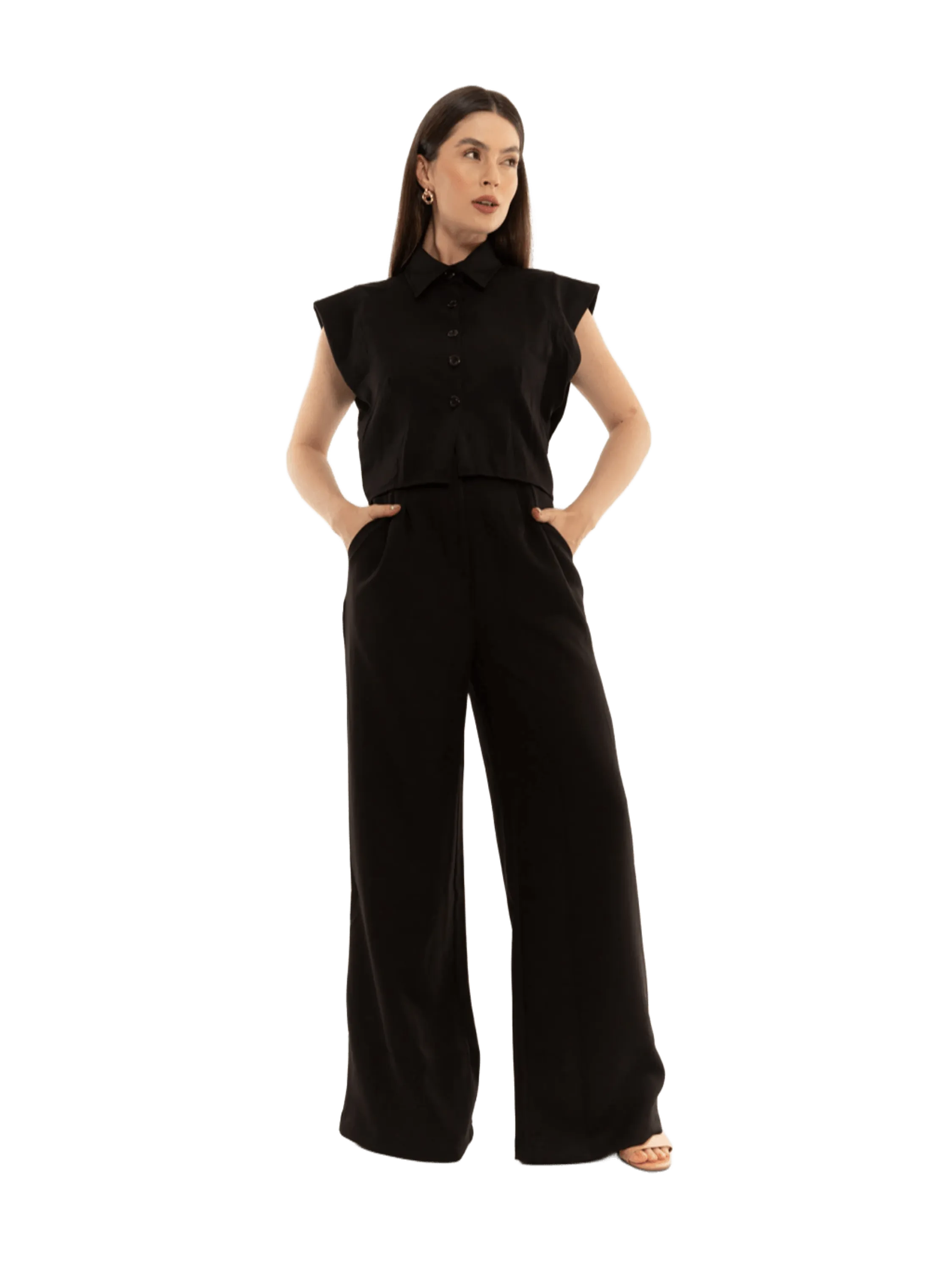 Conjunto Elegante de Top com Botões e babados nos ombros e Calça Pantalona - Con-0054