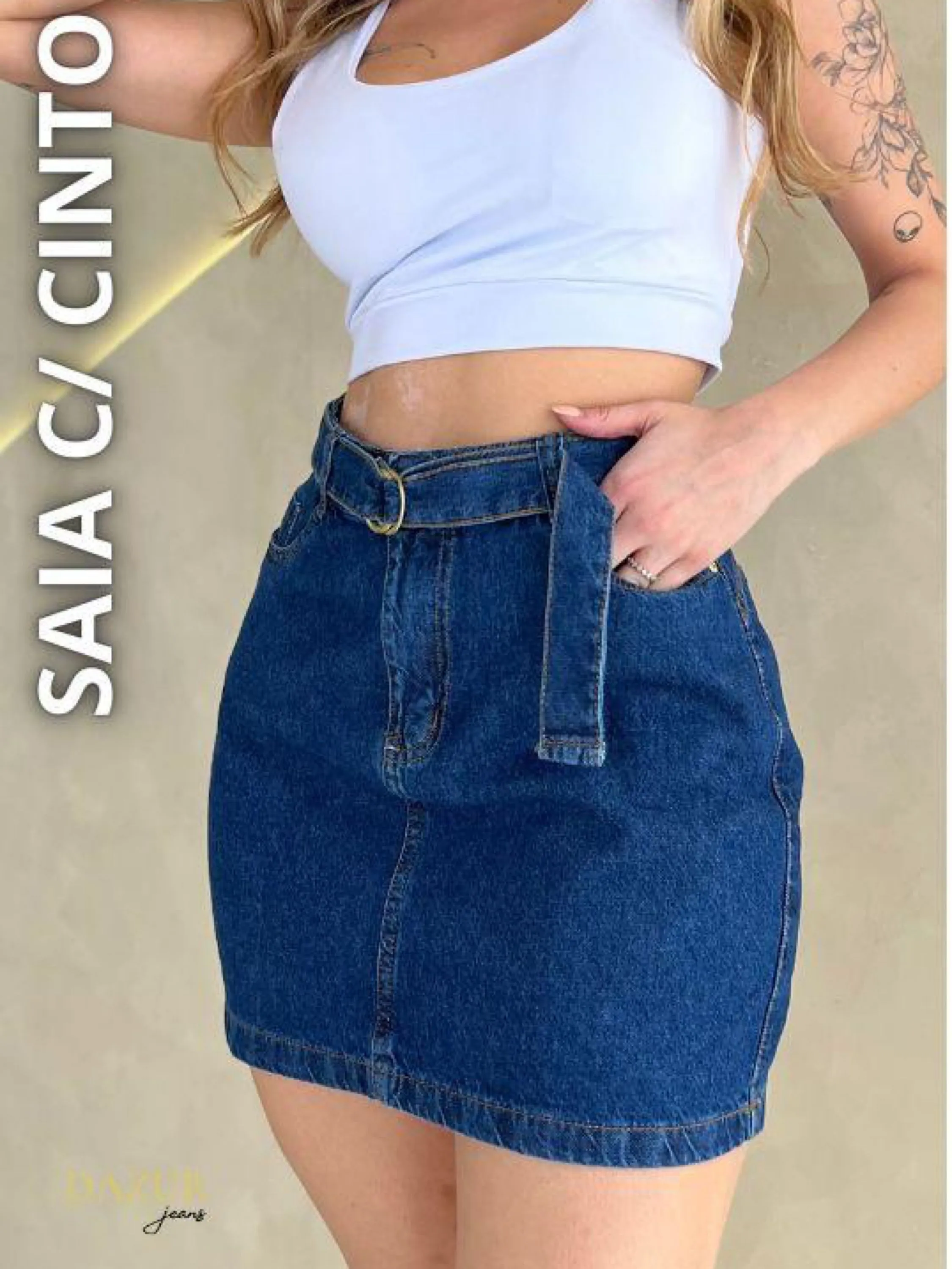 Saia jeans com cinto ajustável