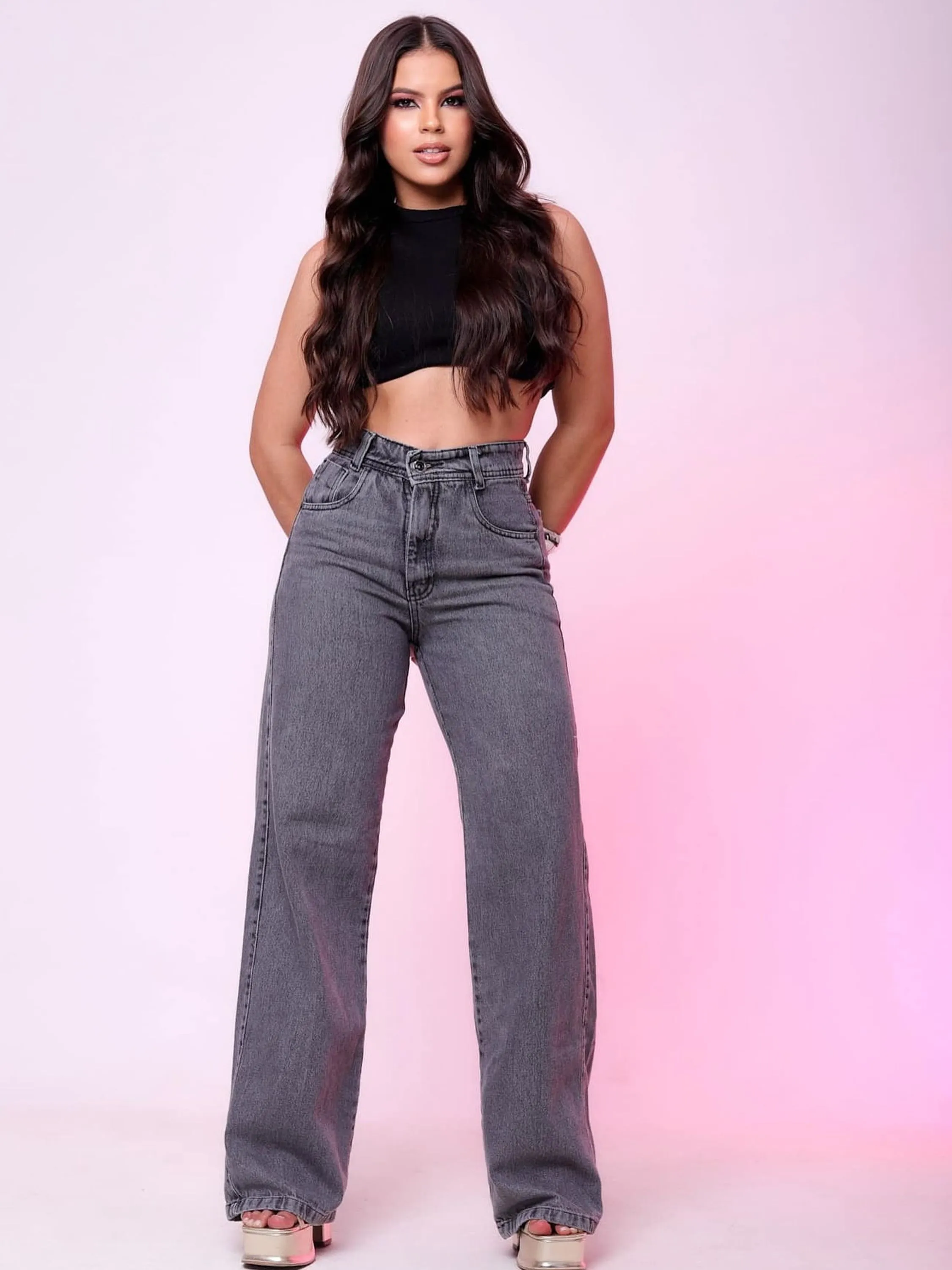 Calça jeans wide leg preta grafite cintura alta tendência